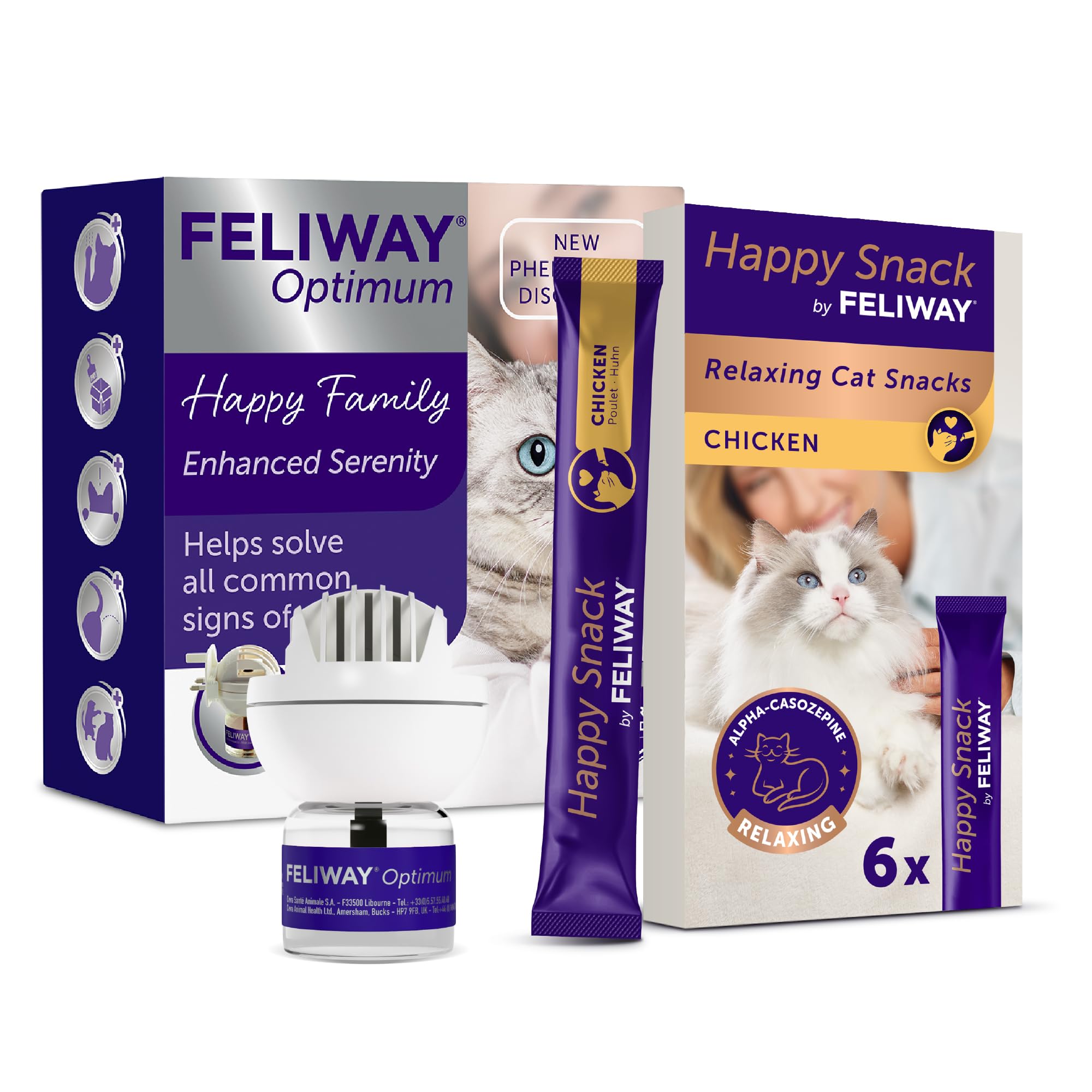 Optimum diffuser & 30 day refill & Happy Snack Delicious Relaxing Chicken Flavour Treat for Cats