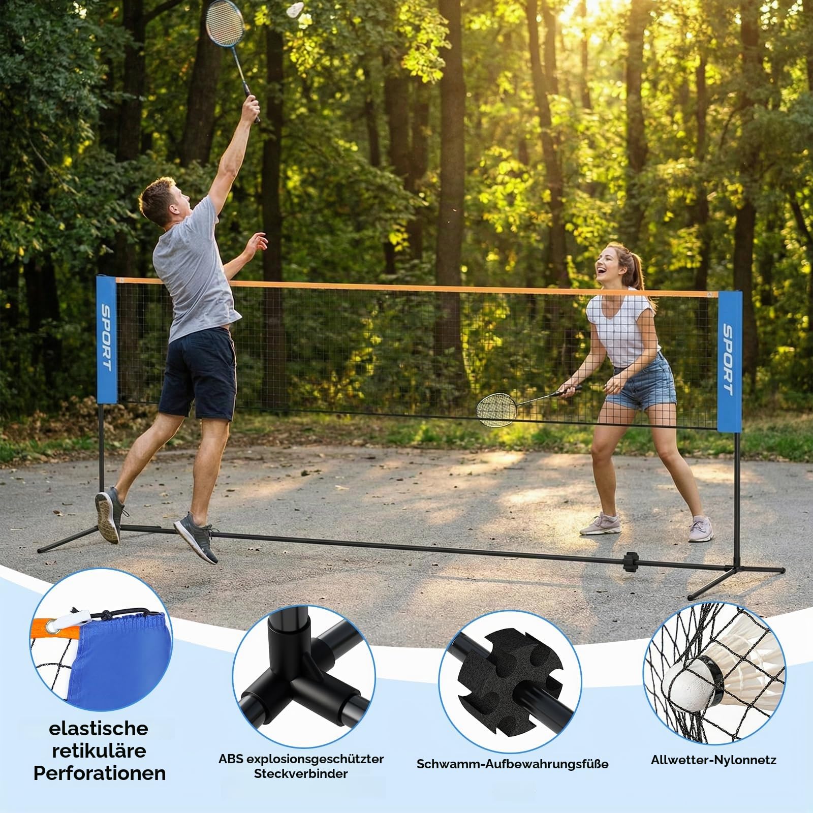 Badmintonnetz Outdoor 400cm | 500 cm Federballnetz, Faltbare Volleyballnetz für Garten, Tennisnetz Höhenverstellbar mit 3 Federbällen & Tragetasche Indoor & Outdoor
