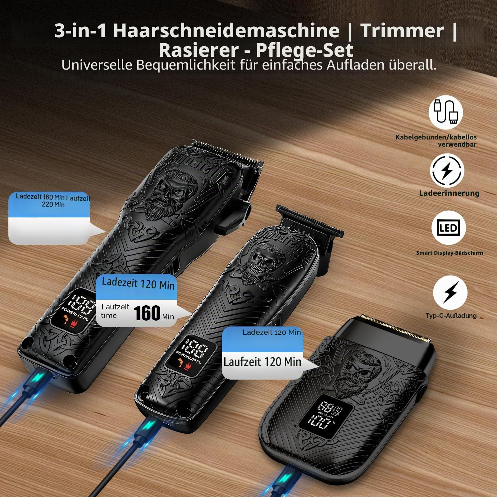 BESTBOMG Professionelle Schnurlose Herren Haarschneidemaschine & Bartschneider und Elektrische Rasierer Sets & Kits, Metall Haarschneidemaschine Schneide- und Pflegeset mit langer Akkulaufzeit für den