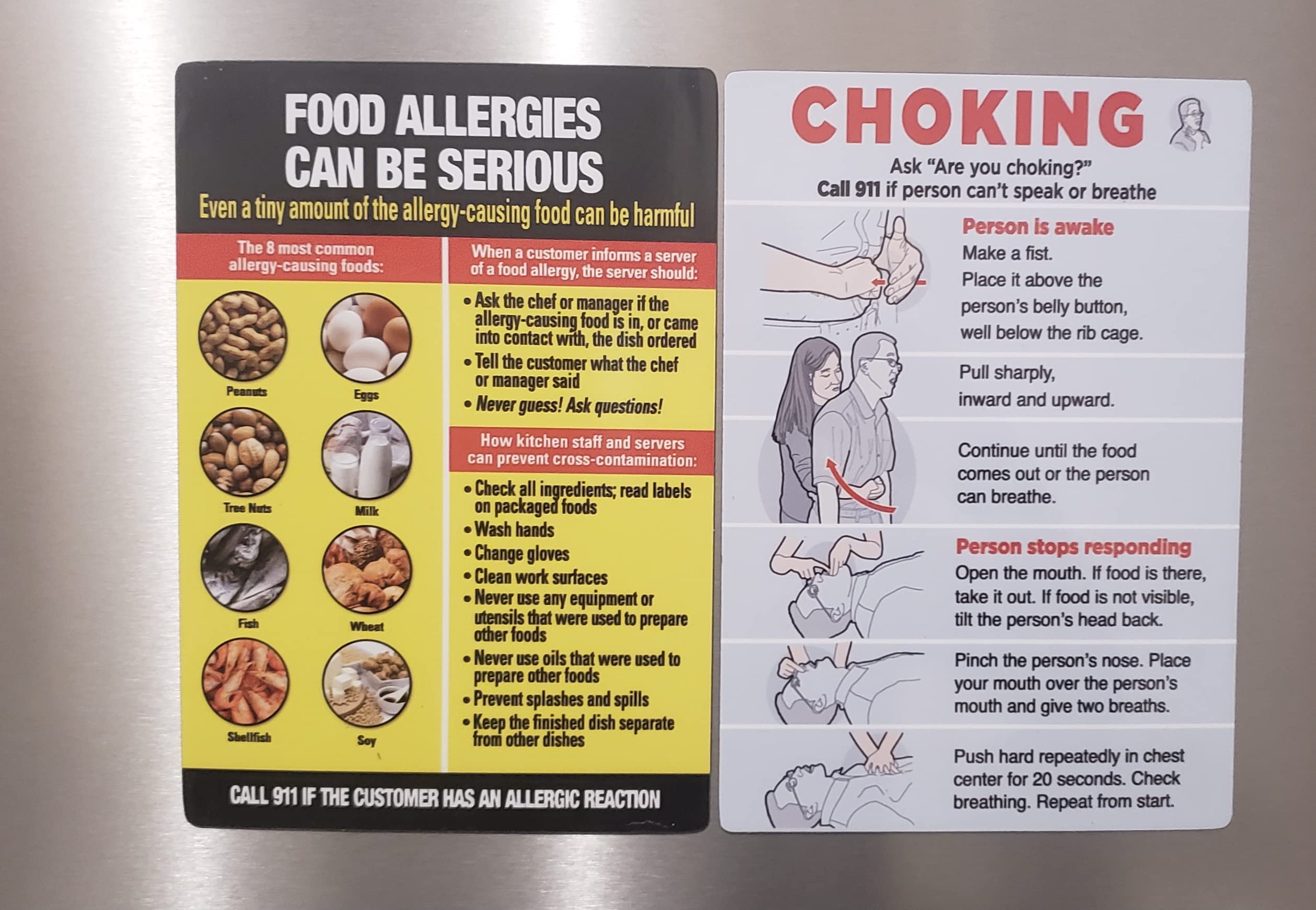 Restaurant Choking Magnet Sign and Restaurant Food Allergies Magnet Poster (refregirator Magent, 7x10 Inch, Light Blue, Two(2) Magnet Signs)