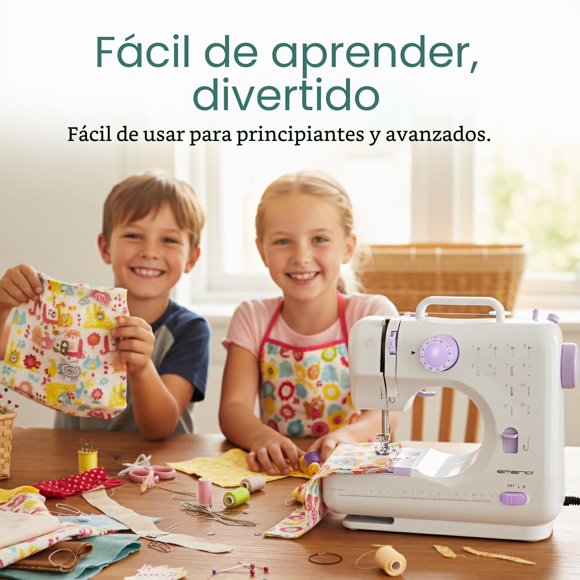 Emerio Máquina de coser para niños y principiantes, SEW-121820, 12 patrones de puntadas, mini con pedal, alimentación y batería, hogar, luz LED, automático hacia delante y hacia atrás, blanco/rosa