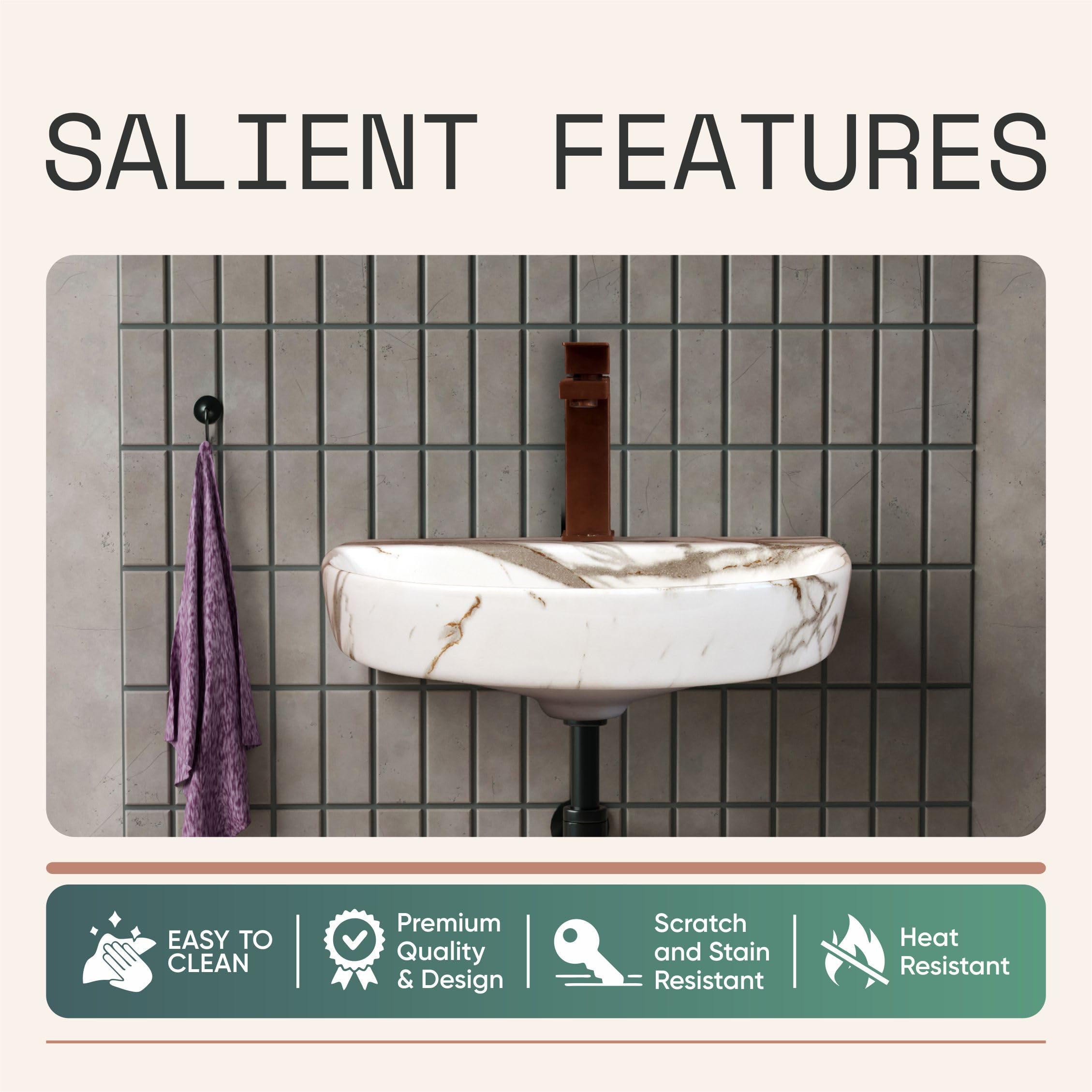 HISRE Wall Mount Wash Basin 18"x13"x5" | Modern White and Grey Marble Design Ceramic Sink | Compact Rectangular Bathroom Basin for Home, Office & Hotels, photo 4 of 5