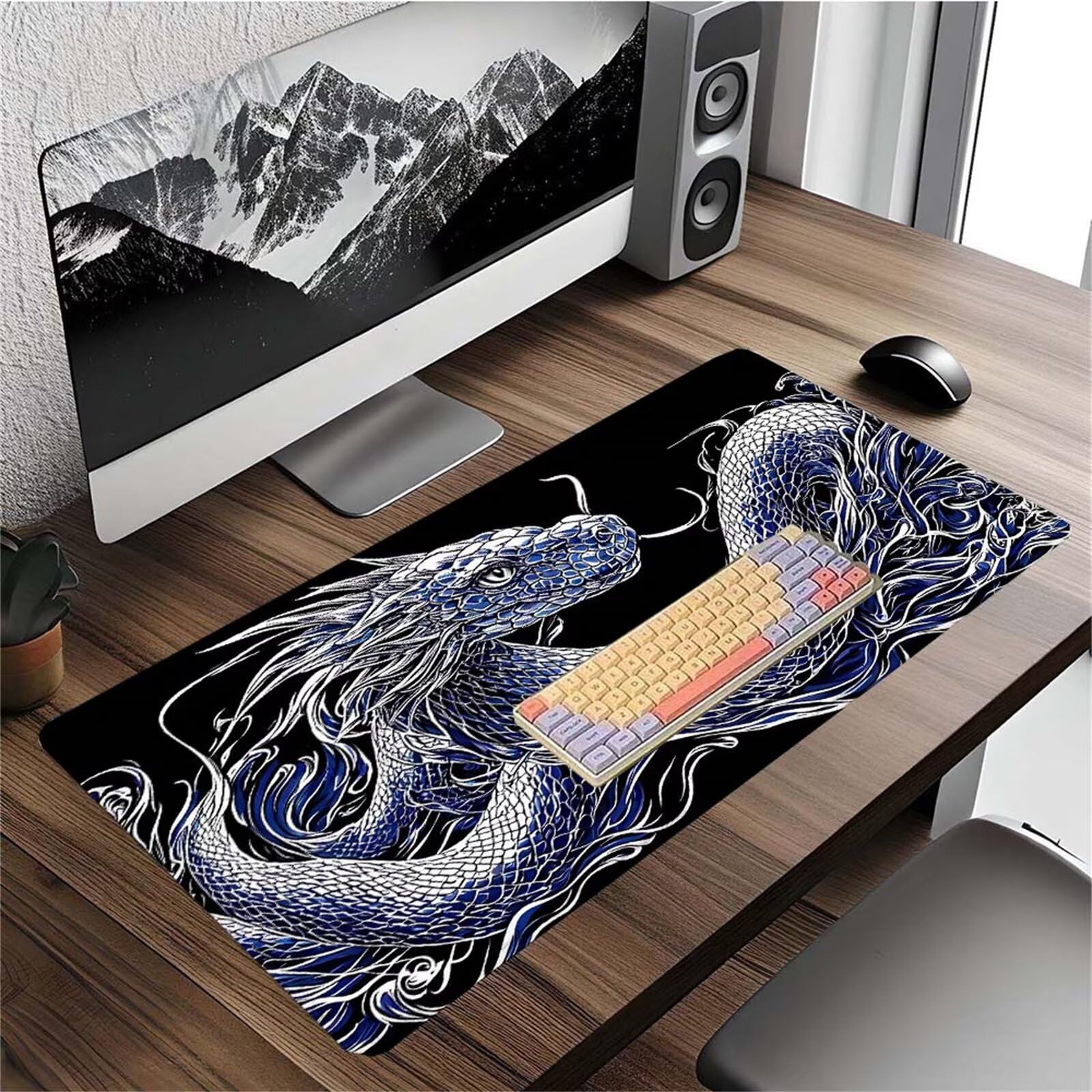 Alfombrilla Ratón Negro Serpiente Alfombrilla Ratón XXL 1400x600x3mm Mouse Pad Resiste Salpicaduras, Extendida de Gran Tamaño con Bordes Cosidos, Mejora la Precisión y la Velocidad, Duradera y-203