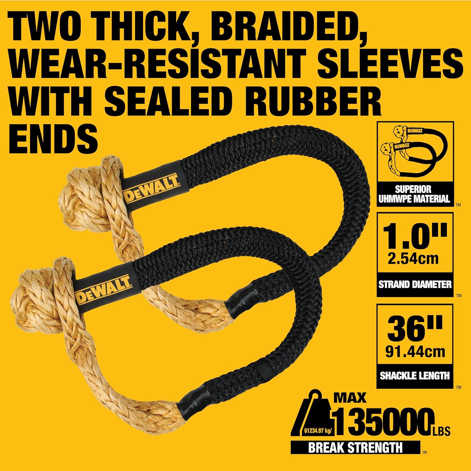 DEWALT DXBC900011 Black/Yellow 2" x 30' Heavy Duty Offroad Recovery Kit - Kinetic Rope 131,600 LBS Break Strength/Soft Shackles 135,000 LBS Break Strength