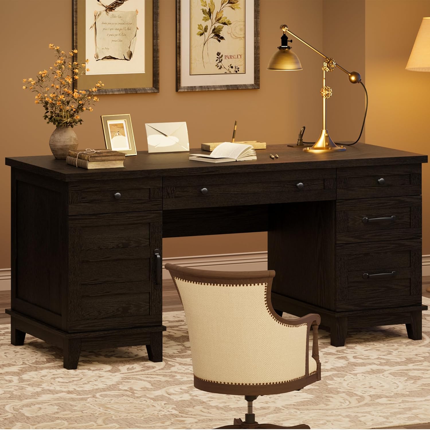 60" Traditional Home Office Desk with Power Outlets, Wooden Executive Desk with File Cabinet and Drawers, Farmhouse Wood Work Desk for Work, Study, Writing, Black