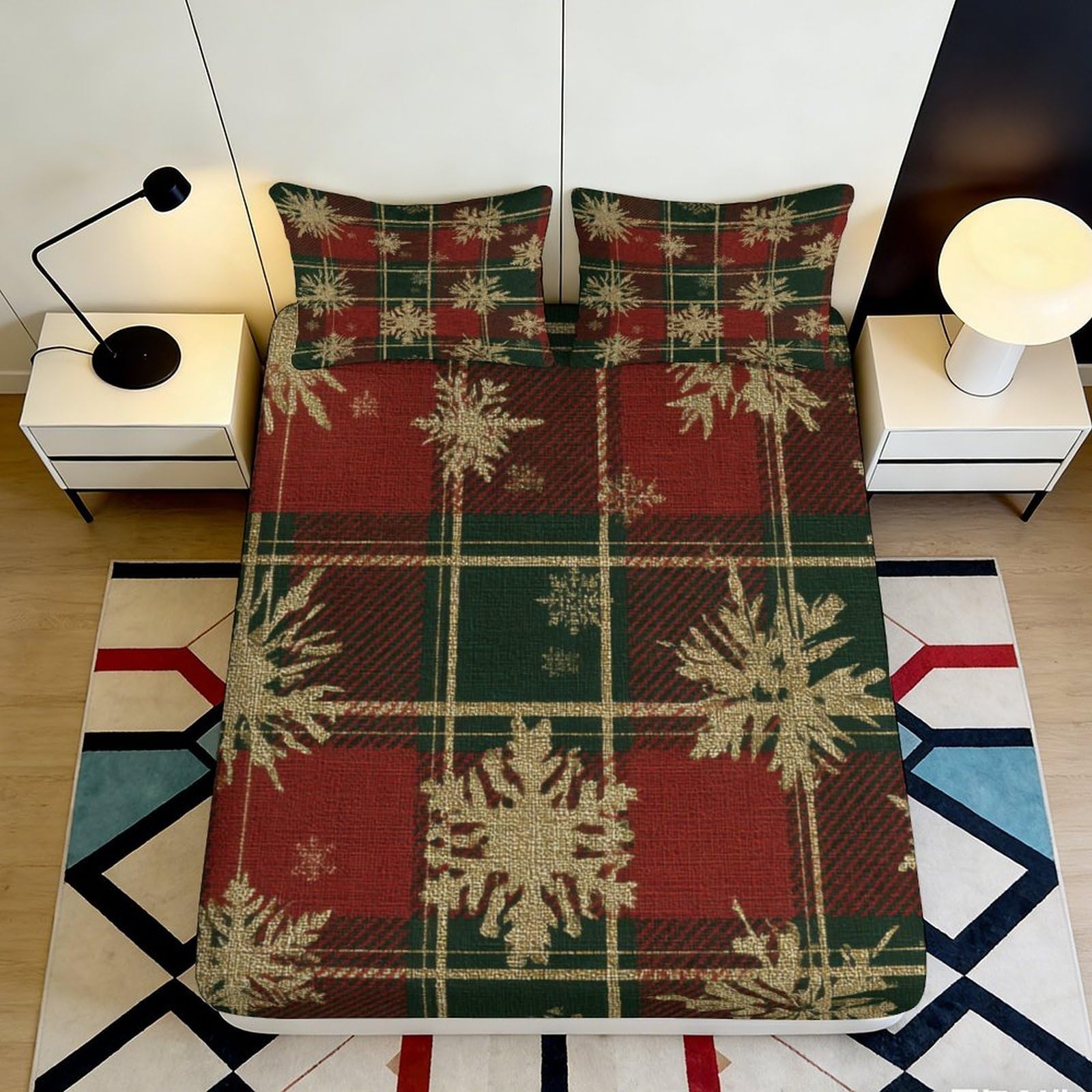 3D Printed Christmas Plaid Fitted Sheet Microfiber Soft Snowflake Bed Cover for Bedroom Guest Room Mattress Decor 200x200x25cm