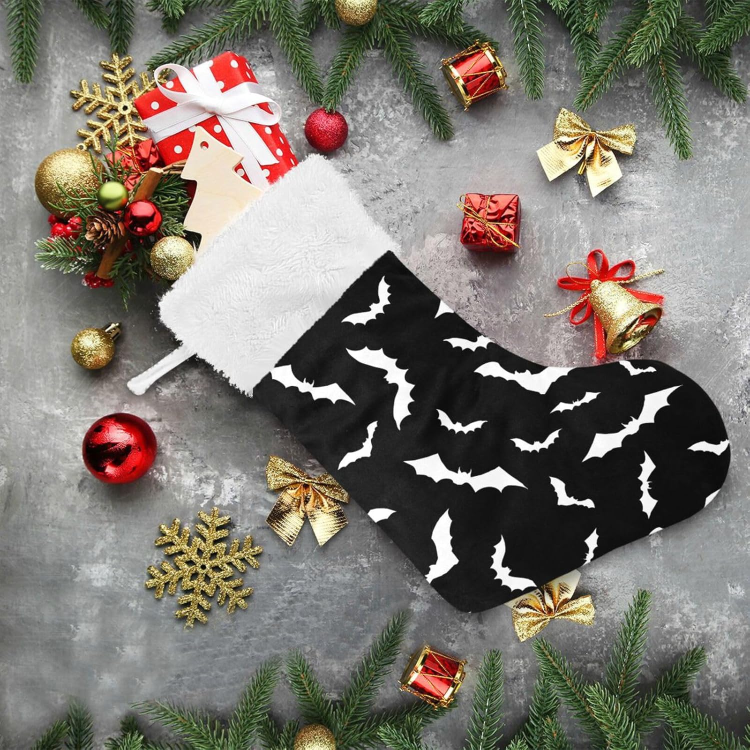Mint Green Bat Silhouette Christmas Stocking with Plush Cuff