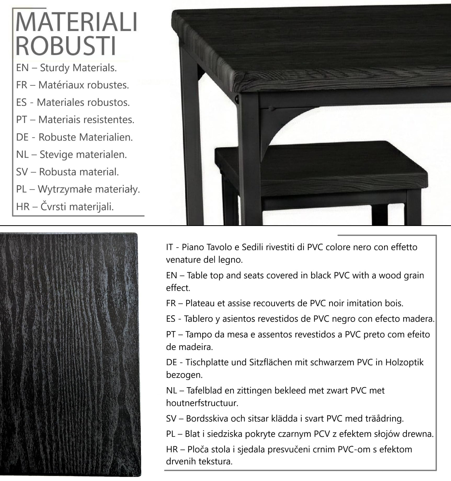 yelloo - Set tavolo Alto e spazioso con 4 sgabelli bar per Cucina, tavolo da cucina, adatto da interno o esterno solo sotto gazebo tenda terrazza (PARIS 110x66 cm Nero)