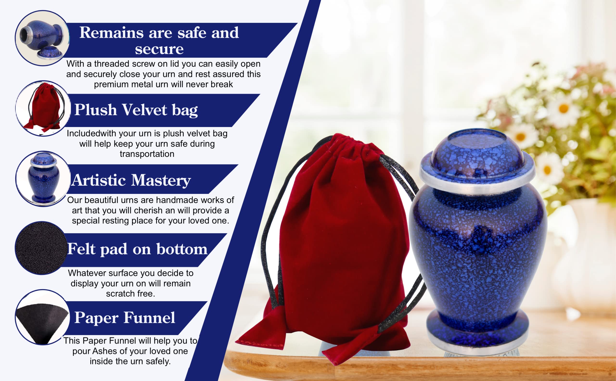 THE ASCENT MEMORIAL Marble Blue Small Urns for Human Ashes of Female Male | Set of 4 Aesthetic Keepsake Vials with 4 Velvet Carry Bags, A Paper Funnel and Premium Gift Box