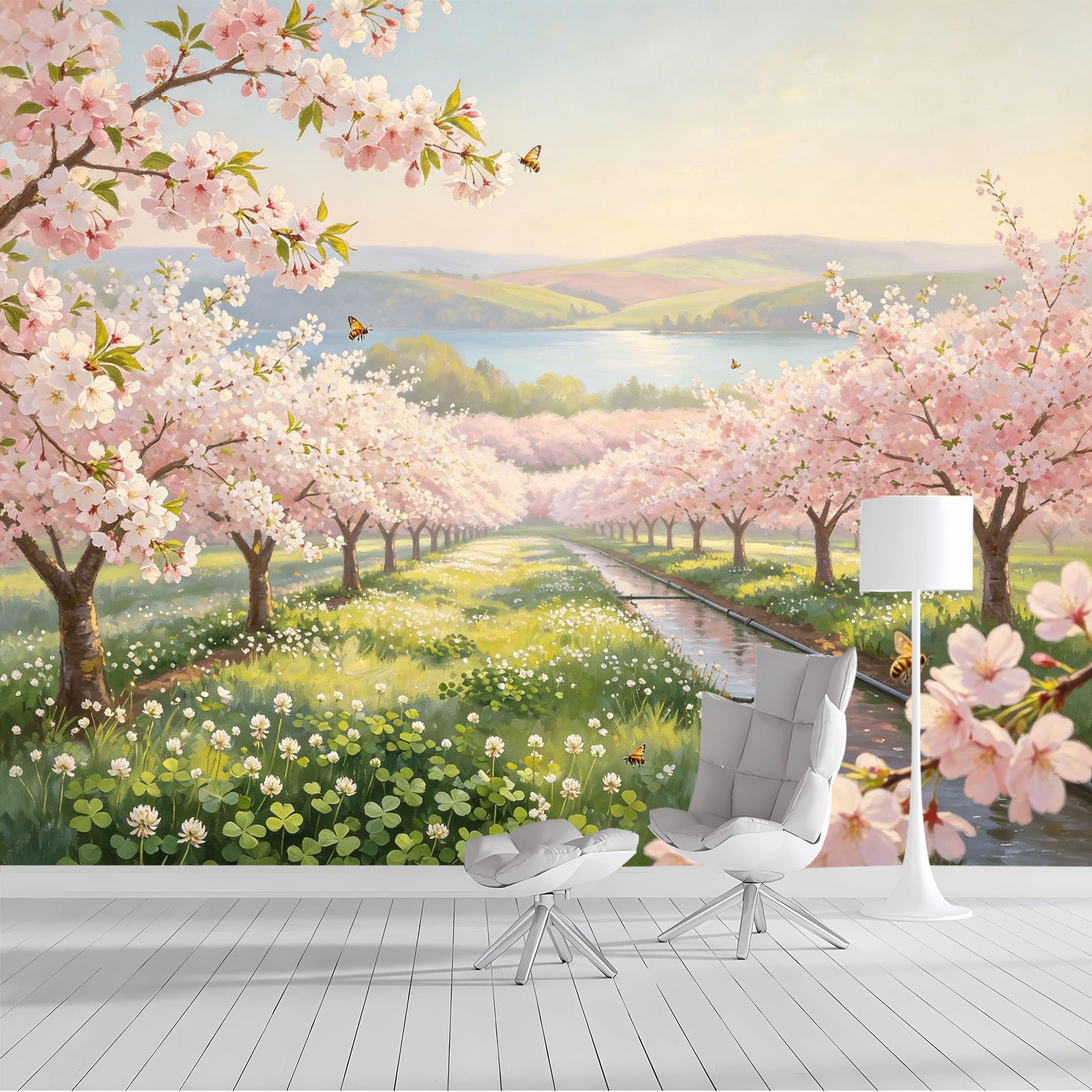 Custom Size Wall Mural Blooming Cherry Blossom Trees Spring Meadow Pastoral Landscape Watercolor SelfAdhesive Wall Fabric Removable Peel and Stick Wallpaper for Living Room Bedroom Bathroom