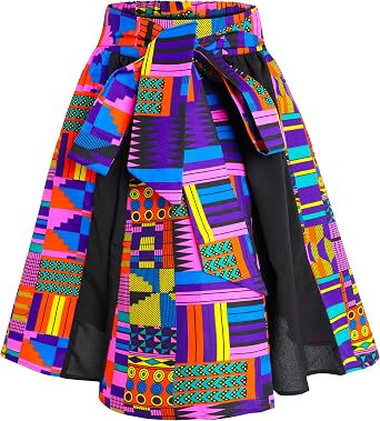 Womens African Print Fabric Kente Wax Cloth Short Skirts with Pockets