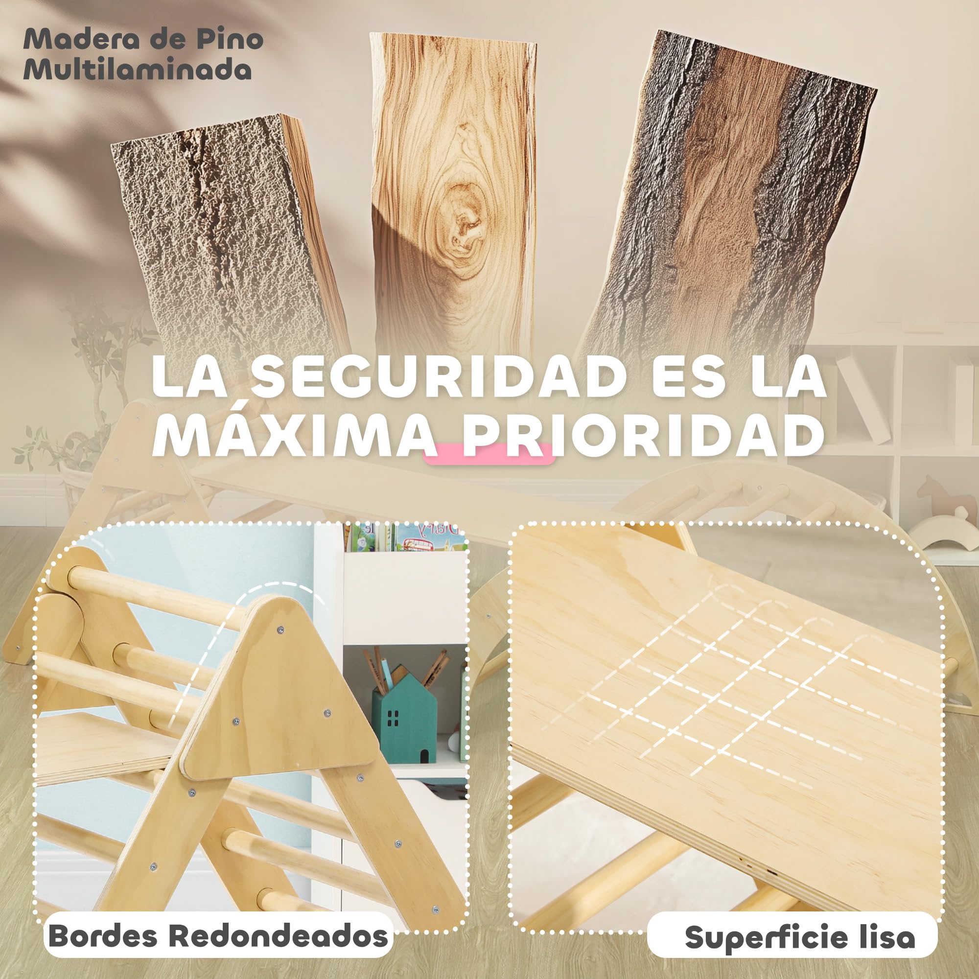 AIYAPLAY Triángulo de Escalada de Madera 4 en 1 Montessori Escalada para Niños de 18-48 Meses con Rampa Juego de Escalada de Arco para Deslizarse o Trepar 219x72,5 cm Natural