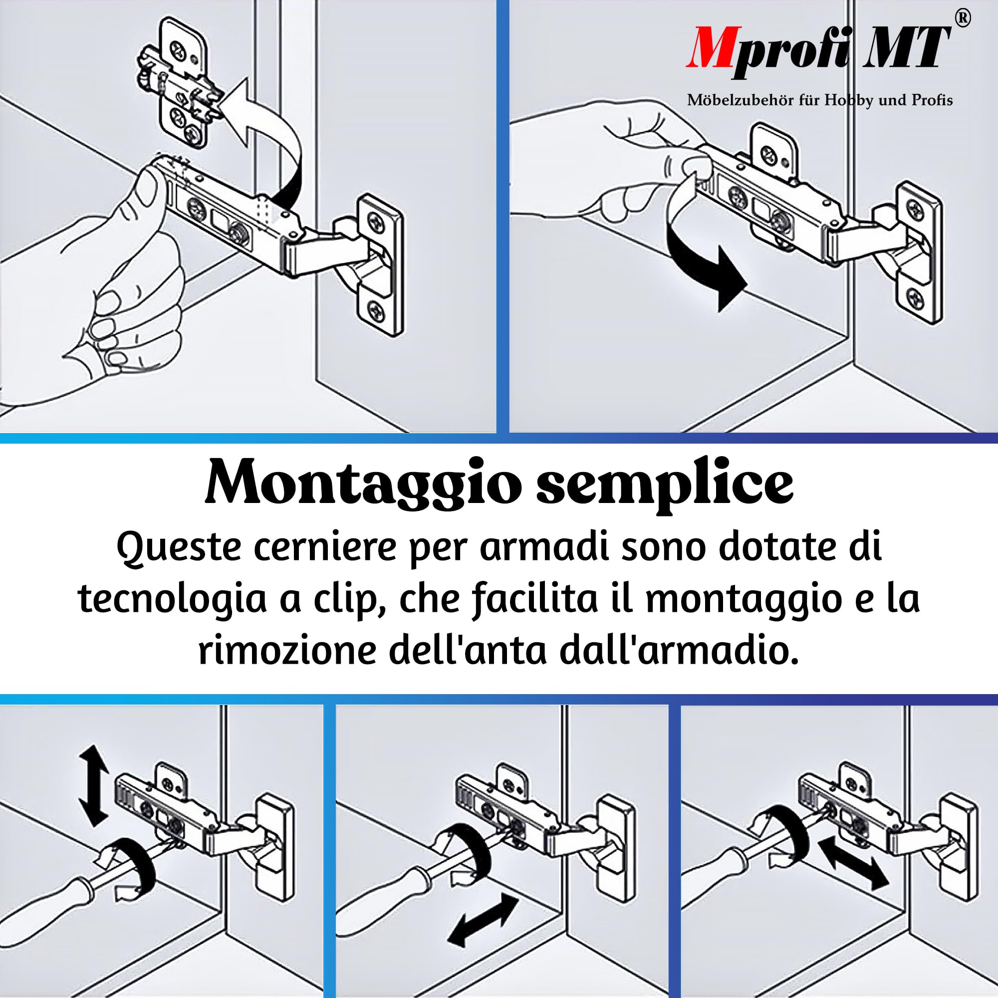 Mprofi MT® 20 Pezzi | Cerniere Ammortizzate per Ante Cucina con Piastra di Montaggio 3D | Ø35mm Battuta Esterna Clip 110° | Cerniere per Armadio | Cardini per Mobili | Cerniera a Molla