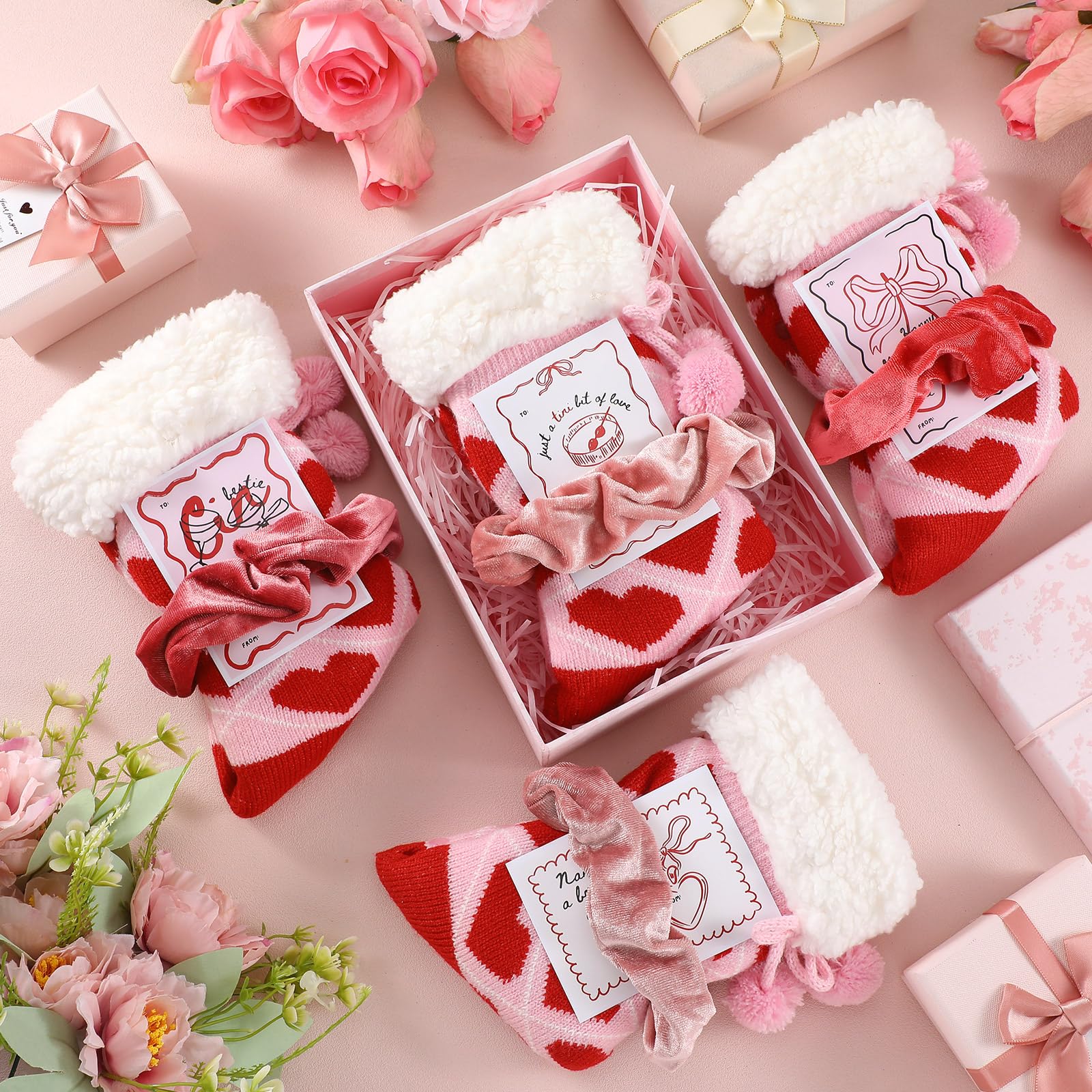 4 Sets/12 Pcs Galentine's Day Pink Gifts Sets Bulk Include 4 Pair Galentines Fuzzy Sock 4 Pcs Greeting Card 4 Pcs Velvet Hair Scrunchies for Women Friend Bestie Valentine's Day Party Favor