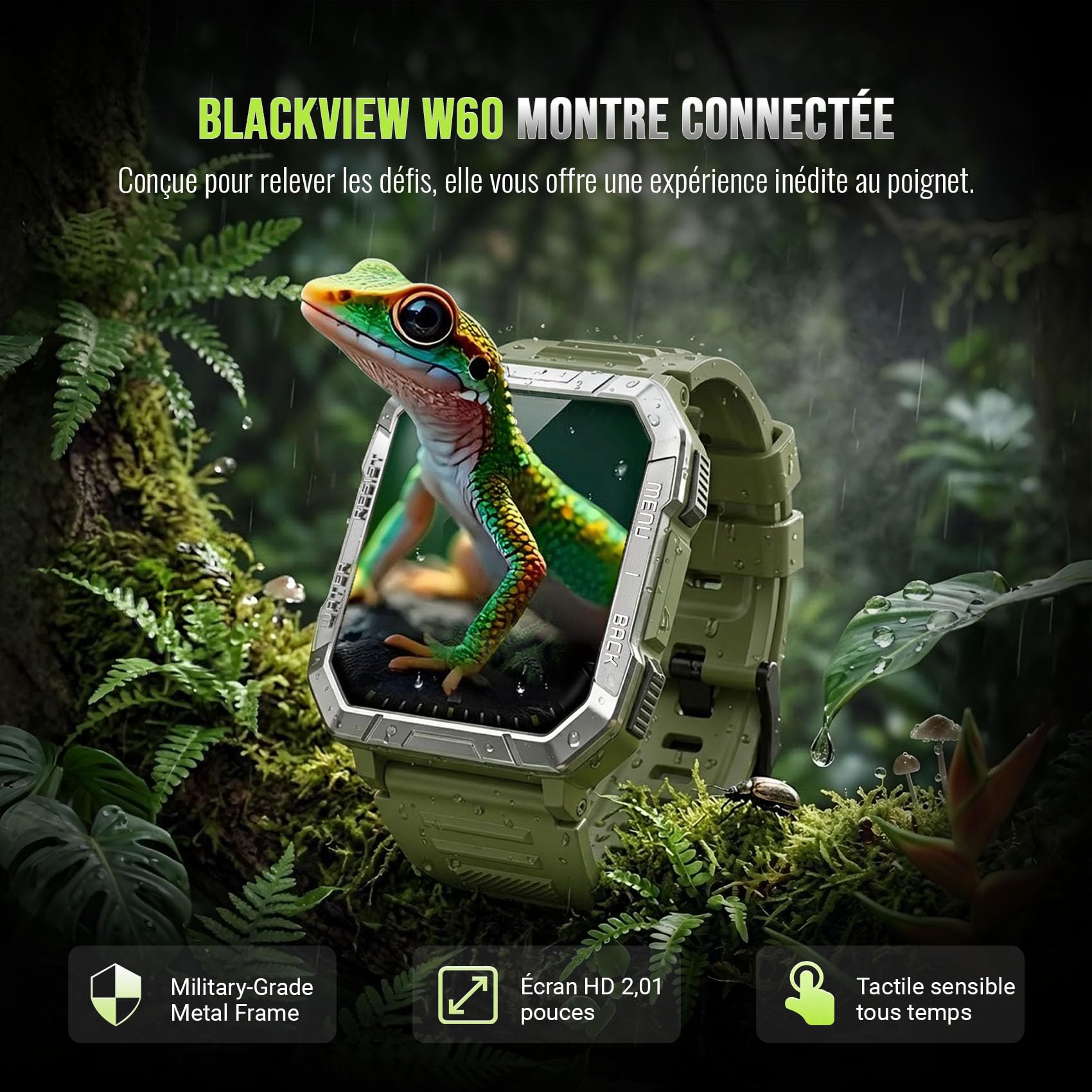 Blackview Montre Connectée Homme Militaire, Torche LED SOS & Boussole, 100j d'autonomie 960mAh, Appel Bluetooth, Podomètre, Suivi Santé 24h, 120+ modes sport, IP68, antichoc, iOS & Android compatibles