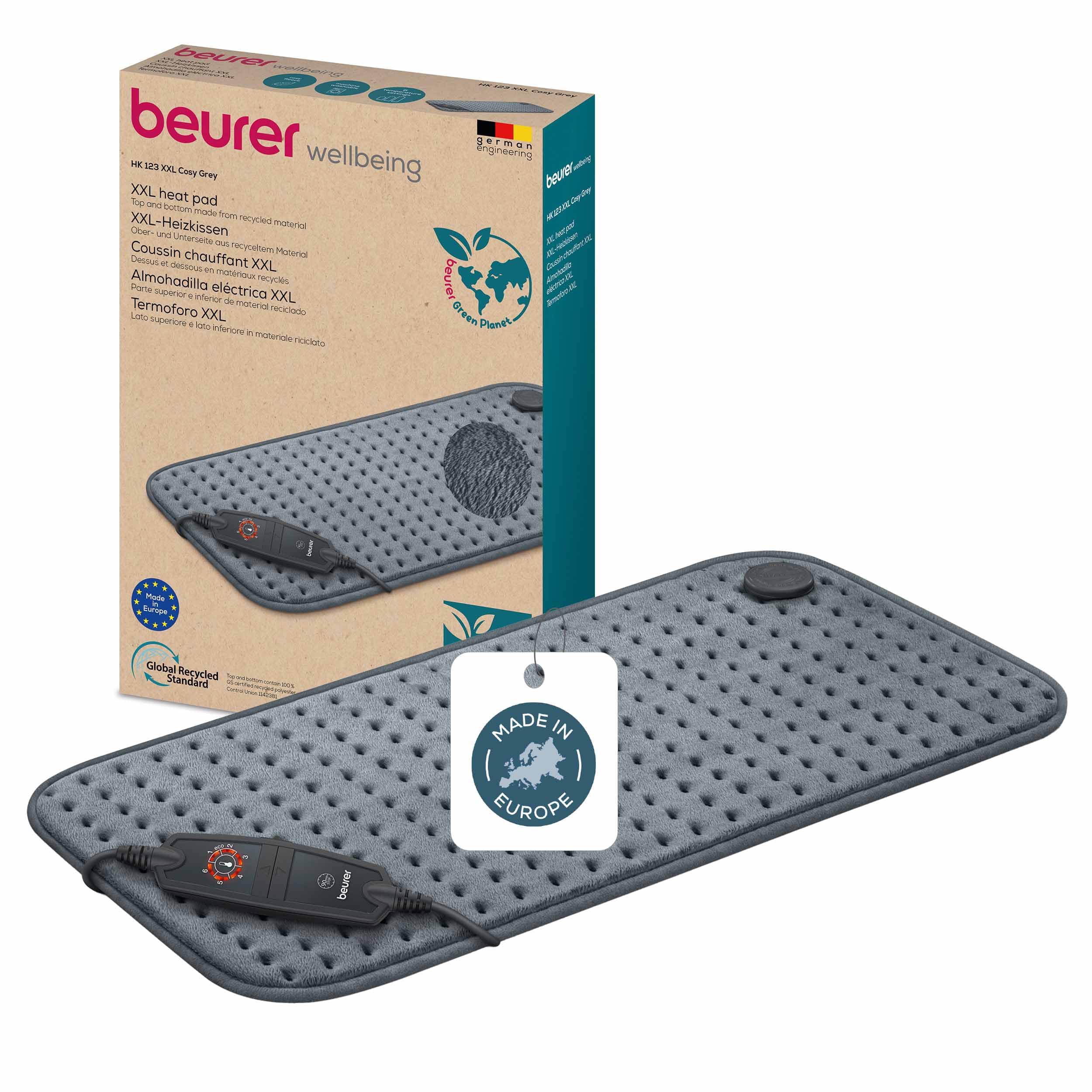 Beurer HK123 Green Planet Heating Pad, Made in Europe, Top and Bottom Made from 100% Recycled Material, Cuddly Soft, 60 x 30 cm, 6 Temperature Levels and Automatic Shut-Off, Machine Washable, Grey