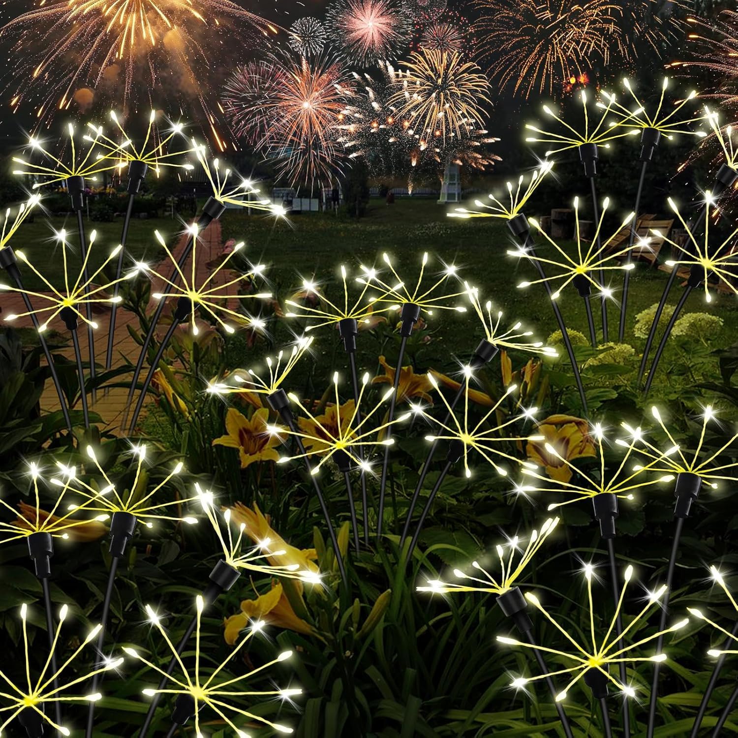 Kizozo Solar Lights Outdoor Garden Firework 2PACK 200LED, Garden Ornaments Decoration IP65 Waterproof, Outdoor Solar Lights, Warm White