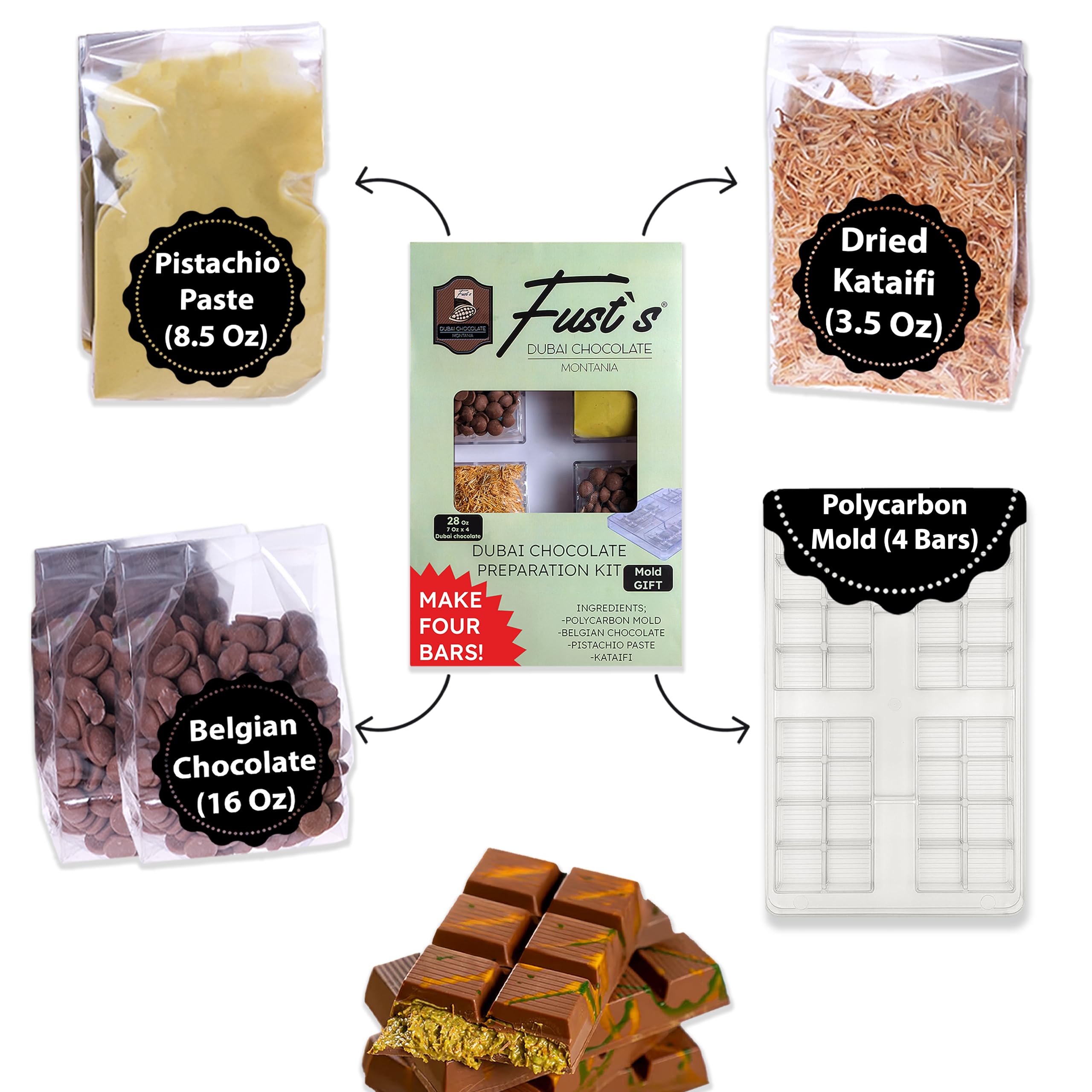 菓子 Dubai Chocolate Dubai Chocolate Bar Kit, (8 Oz Belgian Choco, 8.5 Oz Pistachio