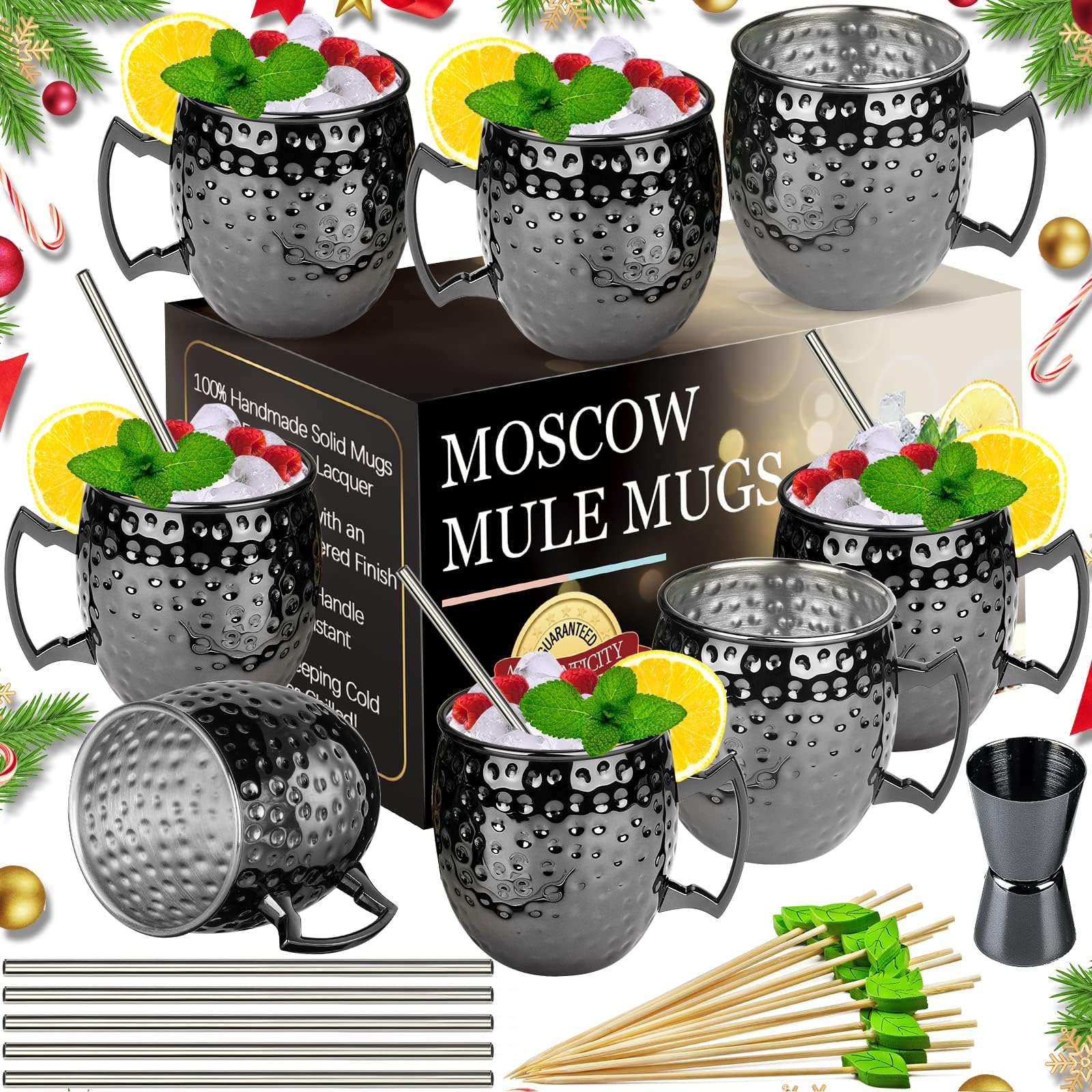 LINALL Moscow Mule Mugs- Set of 8 Gunmetal Black Plated 18oz Stainless Steel Mug Double Jigger Chilled Drink Cocktail Mug (Black 8pcs)