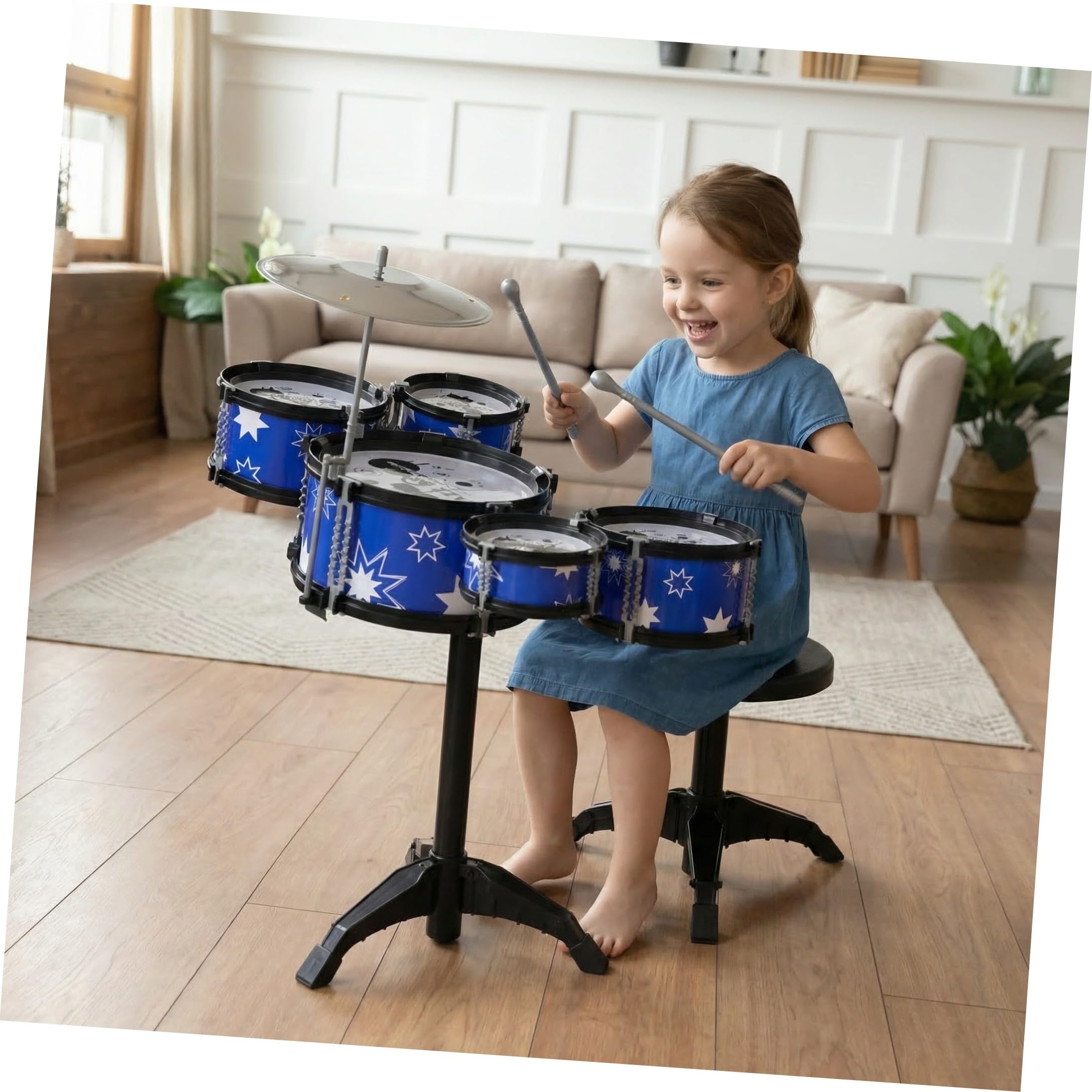 SUPVOX Set di Batteria 5 Tamburi in Plastica per Bambini 21 Pollici Strumenti Musicali Percussioni Sgabello e Bacchette , Gioco Educativo per Bambini Piccoli