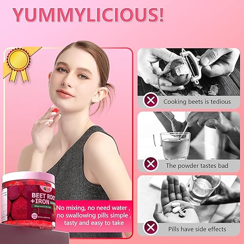 Miniatura 6 de Gomitas de raíz de remolacha de 100 mg  Remolacha roja masticables con semillas de uva, CoQ10, vitamina C, hierro y B12  Apoya el metabolismo