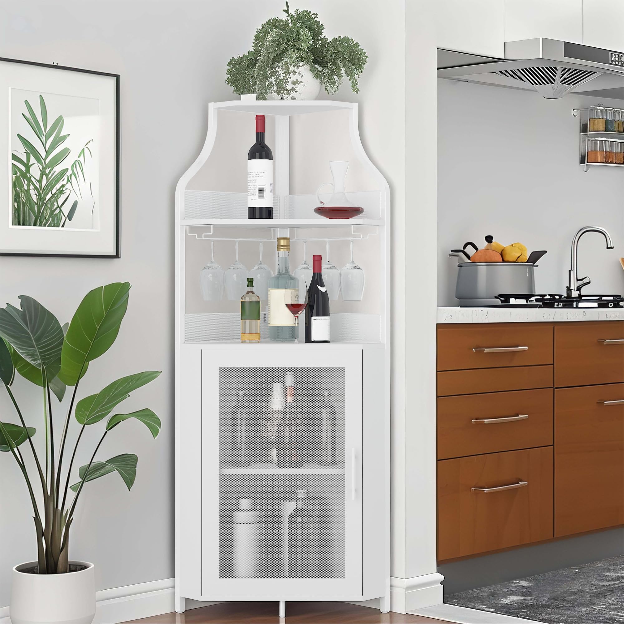 Eck-Weinschrank – Industrieller Eck-Hausbar | 5-Fach Abschließbares Weinregal Mit Glasablage & LED-Beleuchtung | Verstellbare Einlegeböden, Metallgestell & Gittertür | Küche/Wohnzimmer/Bar