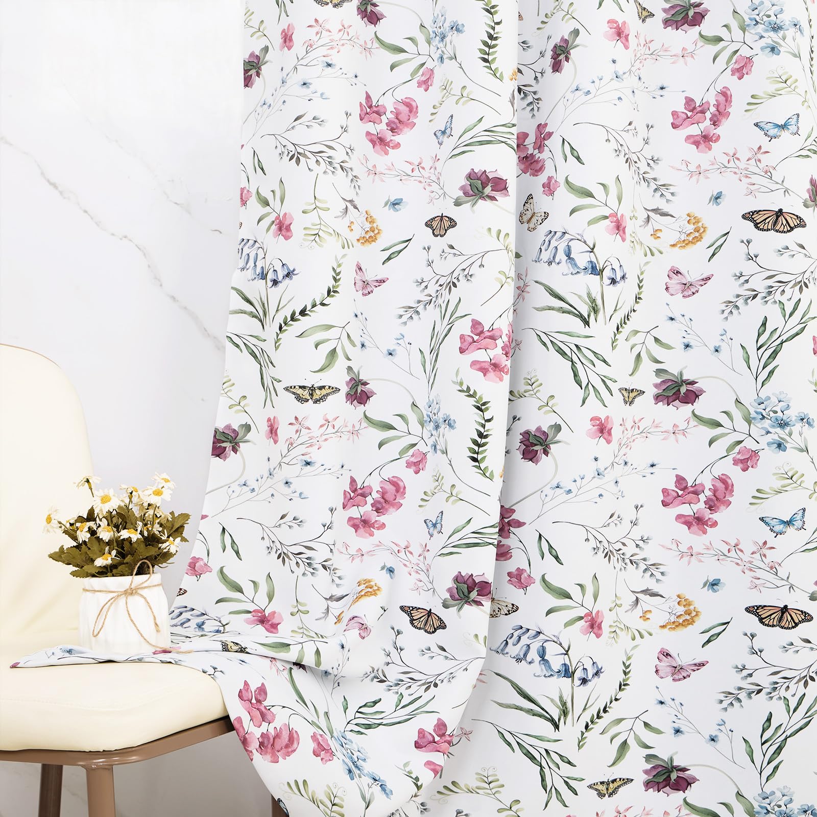 GICDSU Pink Floral Wildflower Butterfly Blackout Curtains, Farmhouse Botanical Flower Green Leaf Window Curtains for Bedroom Living Room with Grommet Top, 2 Panels, 52W x 63L
