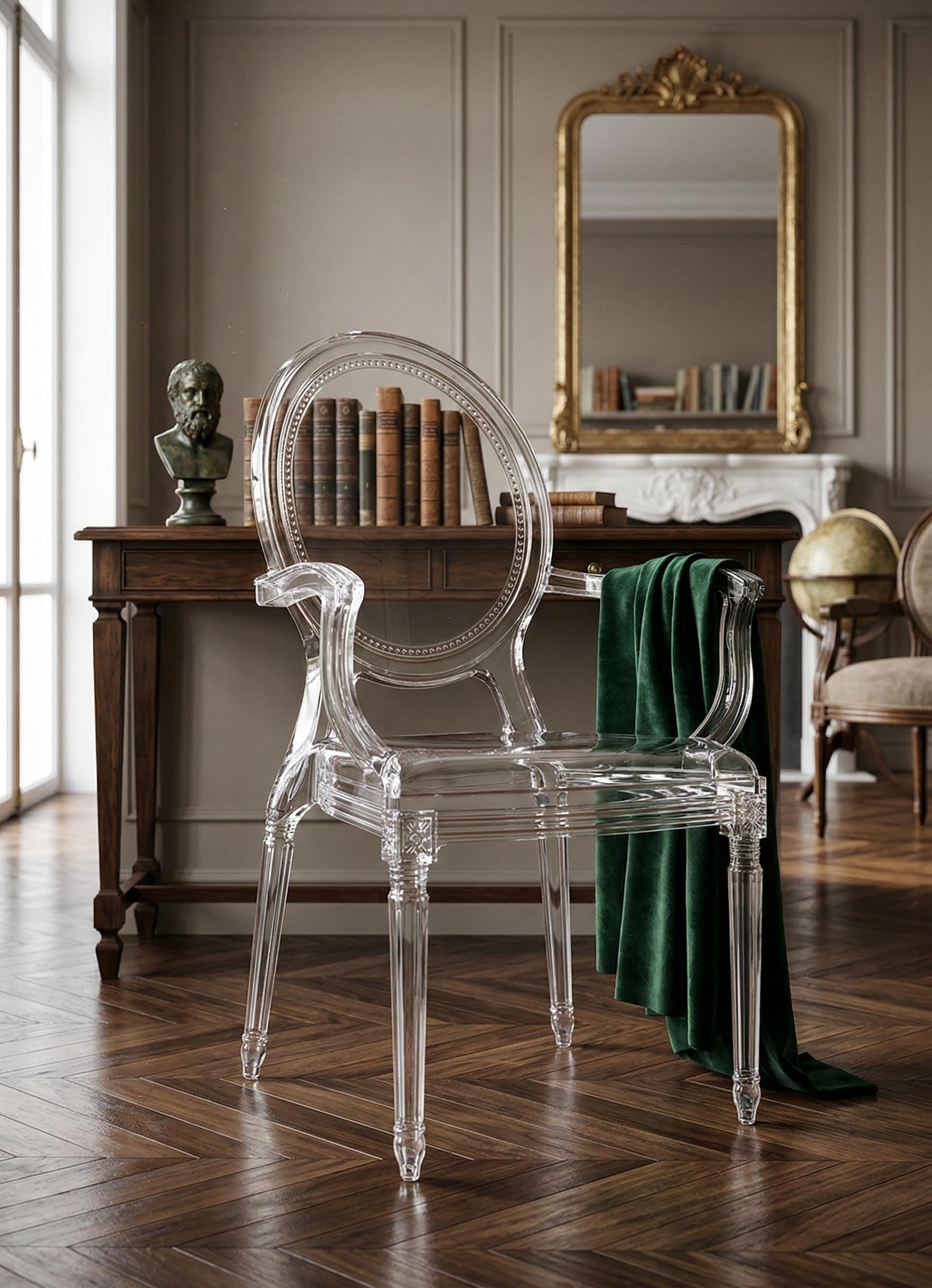 Cribel Set da 4 Atene Poltrona Trasparente in Policarbonato con Braccioli Integrati, Design Classico Rivisitato con Schienale Ovale Decorato 58x55x99.5 cm