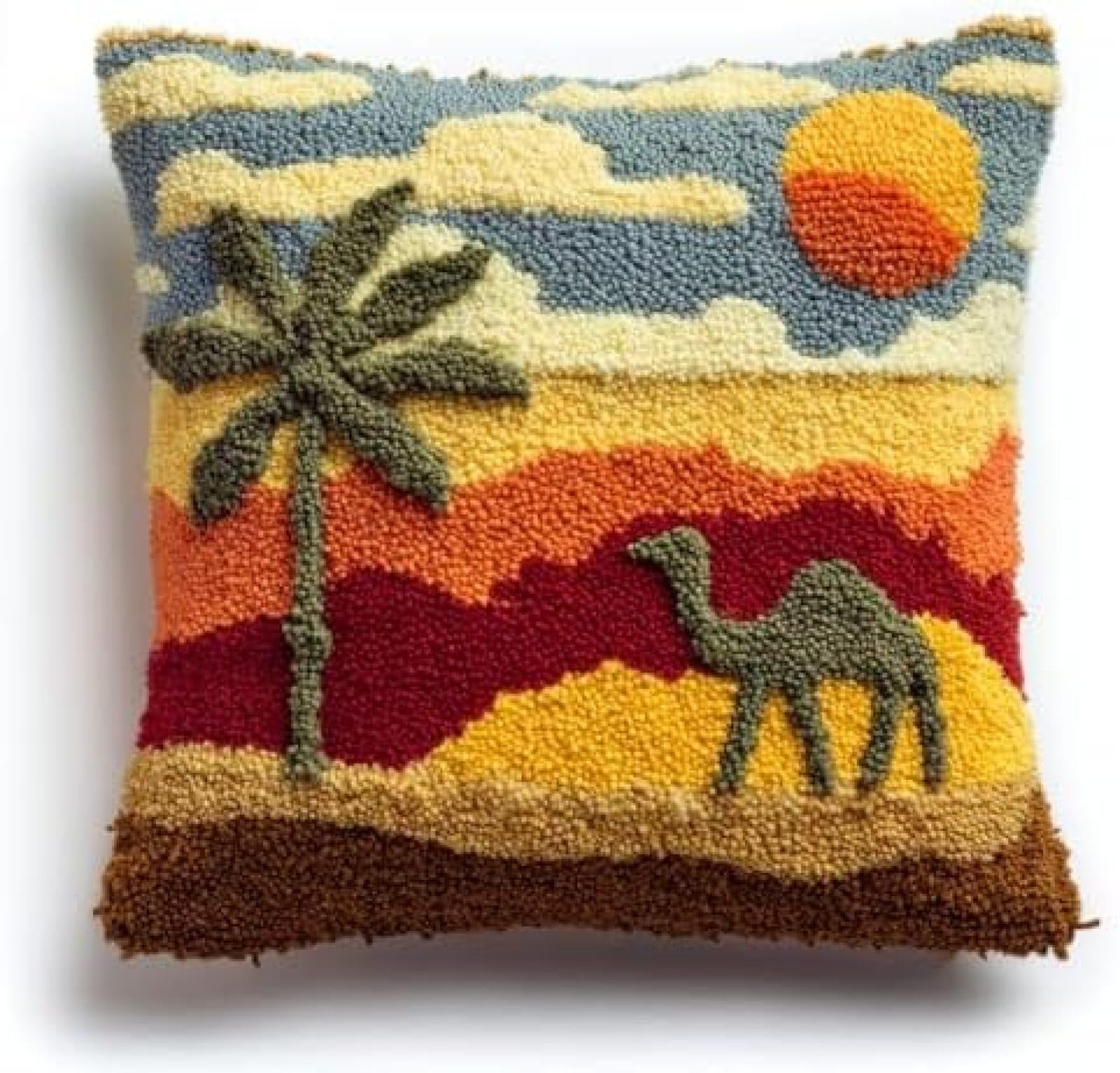 kitphoenix Beginner Latch Hook Kit Adults,Camel and Desert,DIY Cushion Cover Punch Needle Embroidery Kit,Pre-Printed 43x43cm Canvas,Complete Set with Yarns & Hooks