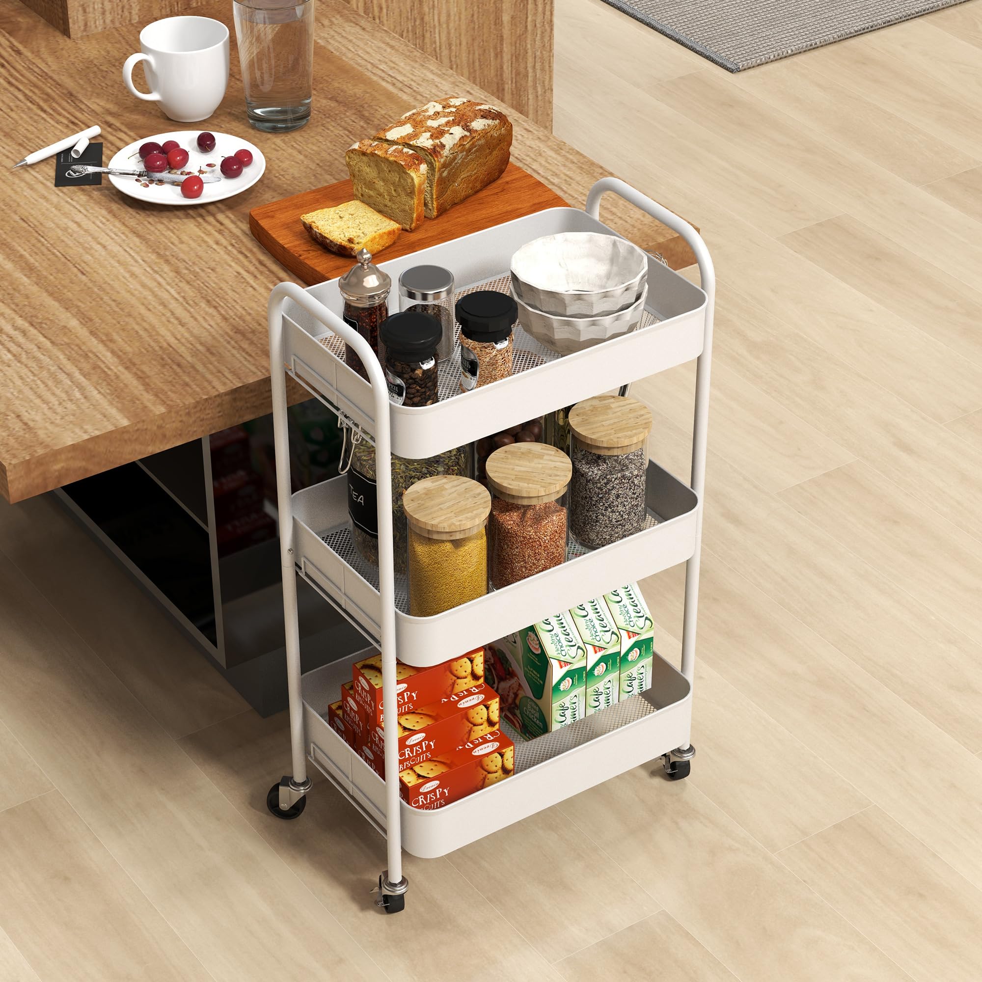 HOMCOM Chariot de Rangement en Acier 3 Niveaux Plateaux ajourés 45 x 30,6 x 79 cm Blanc