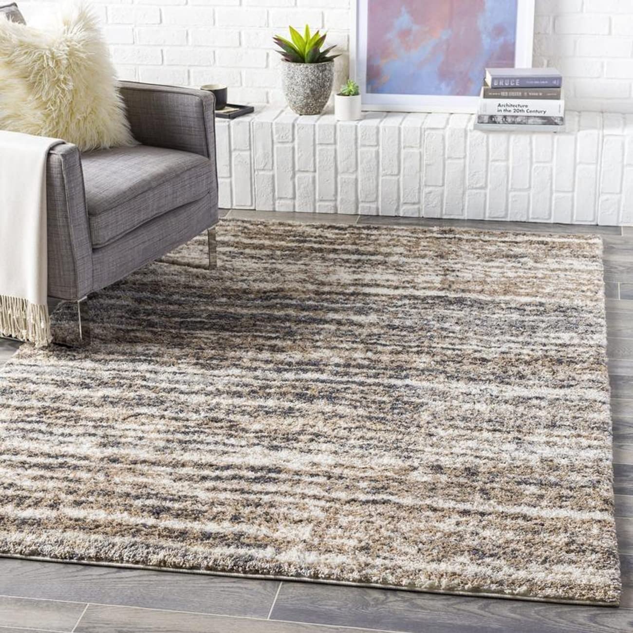 Mark&Day Area Rugs, 8x10 Kabel Modern Shag Charcoal Area Rug, White Beige Black Carpet for Living Room, Bedroom or Kitchen (7'10" x 10')