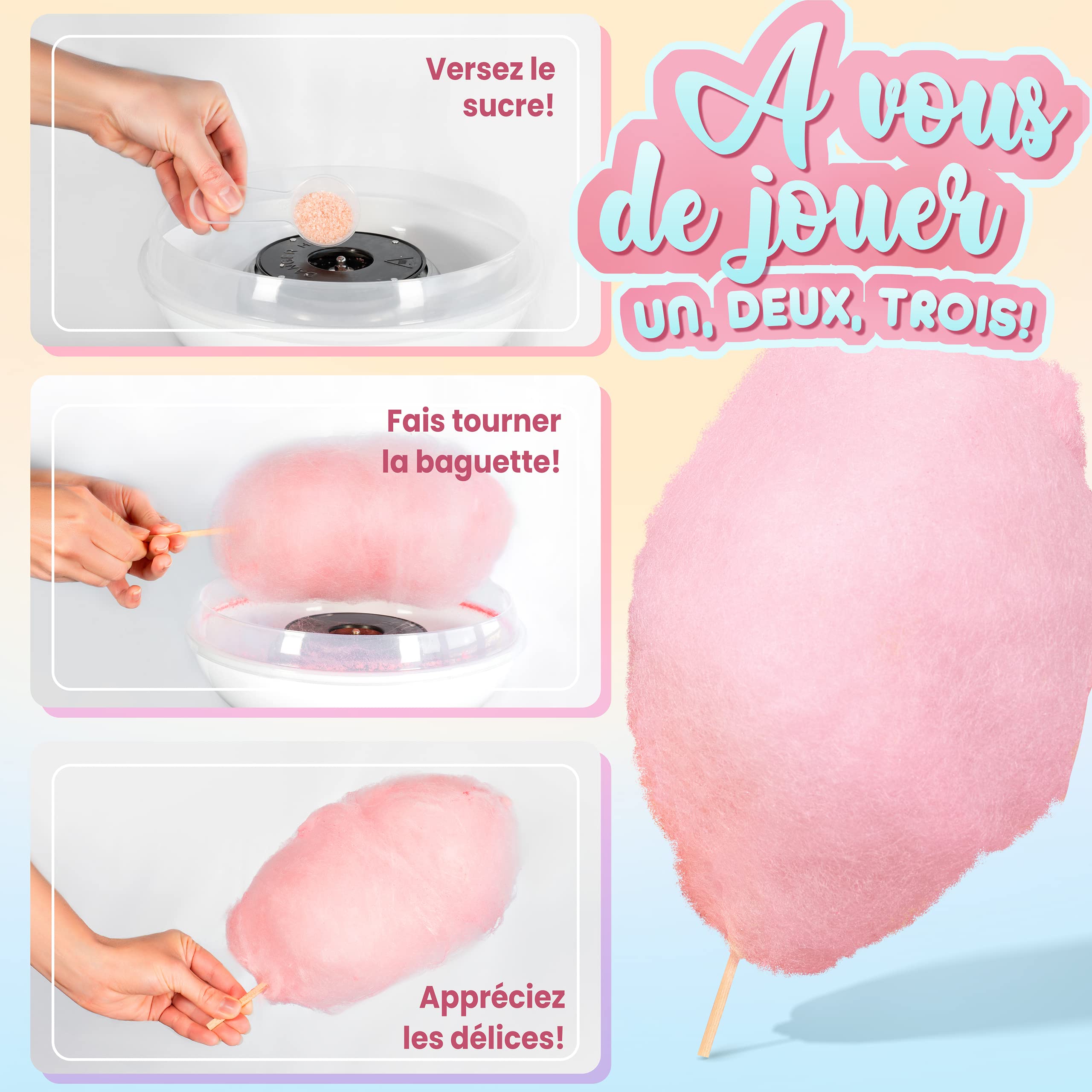 GREENDOSO® Sucre Barbe à Papa pour Machine (5x300 gr) – Arômes Naturels – Lot de 5 Goûts (Fraise/Cola/Pomme/Marshmallow/Vanille) – 50 Bâtonnets