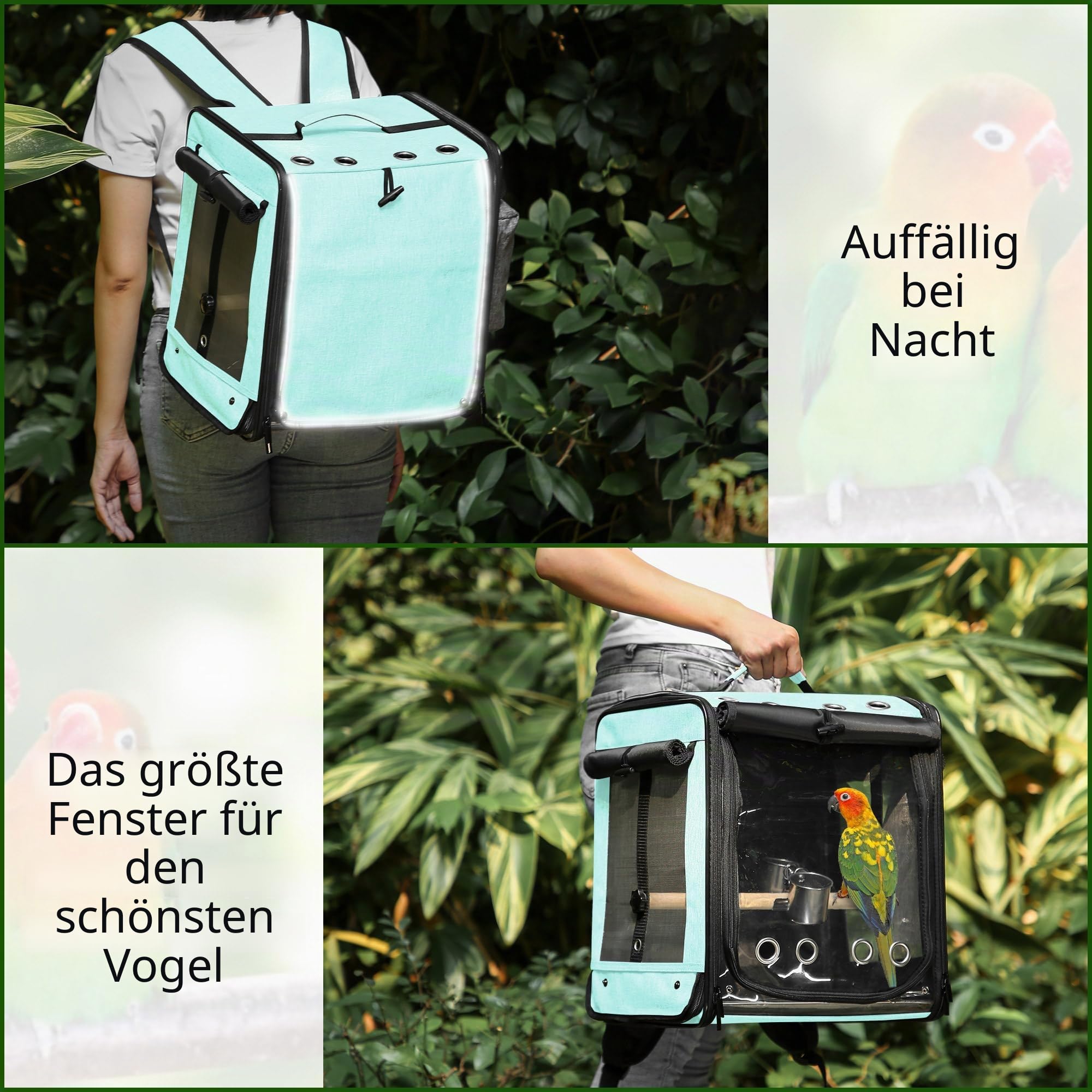 Vogeltrage mit Sicherheitsgurt für Autoreisen, Vogelrucksackträger mit unverwüstlichem Edelstahlgeflecht, großer Vogelträger Reisekäfig, Grün