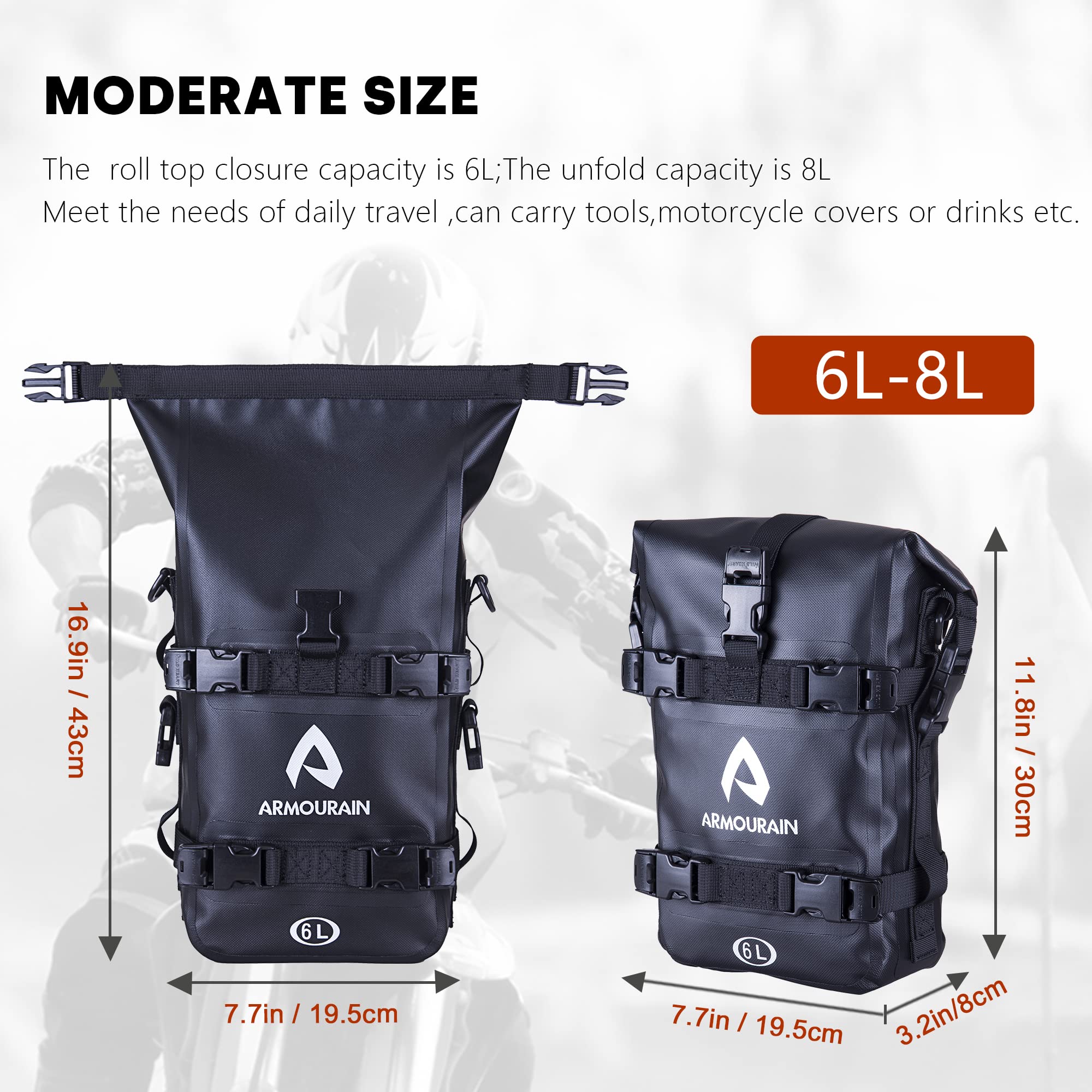 Bolsa Trasera de Motocicleta, Marco Enrollable 12 L (6 x 2), Impermeable, Alforjas para Aventura, Equitación, Viajes y Campamento