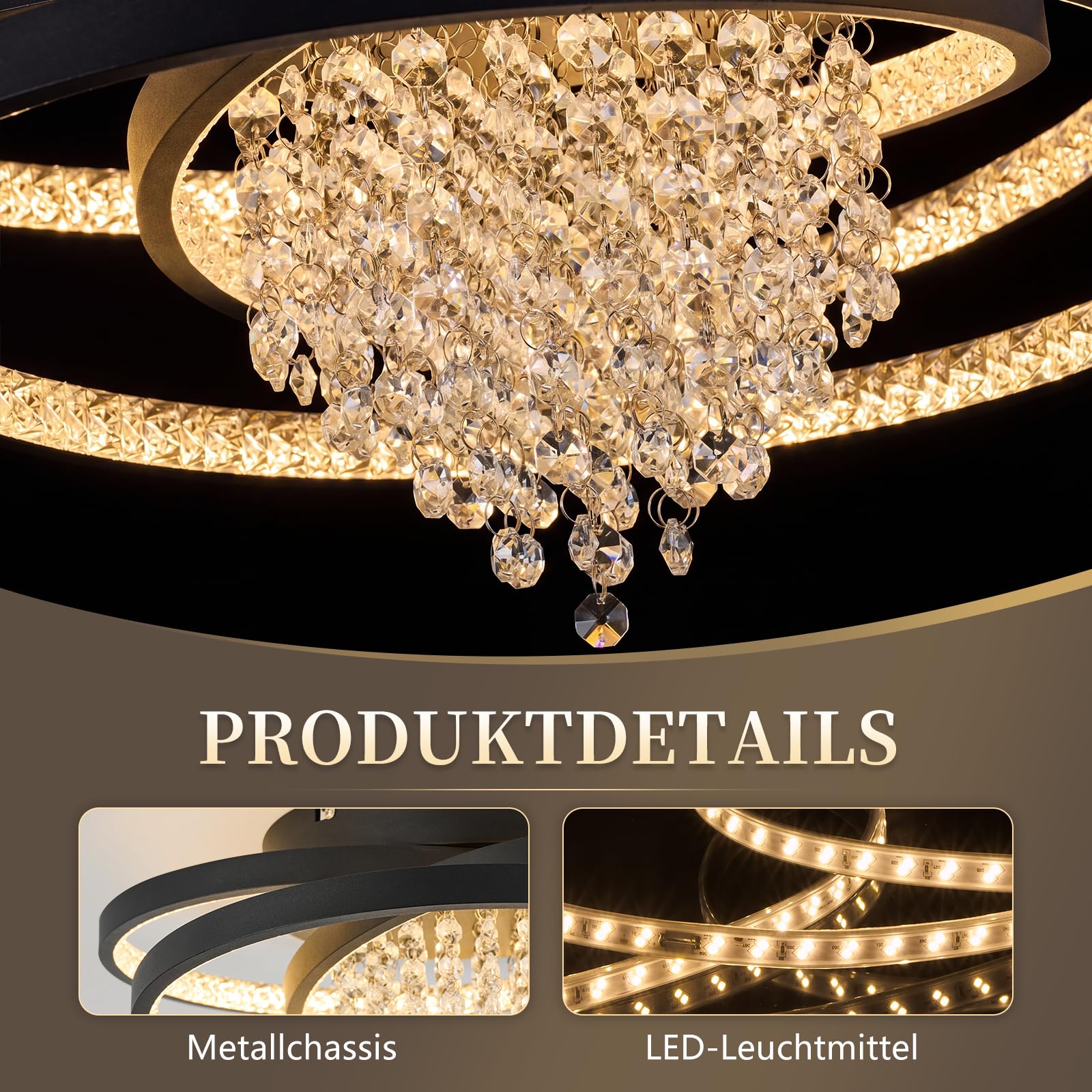 ZMH Deckenlampe Kristall LED Deckenleuchte Wohnzimmer Morden Schwarz | Wohnzimmerlampe 40W 3000K Warmweiß Licht Schlafzimmerlampe Groß Kristalleffekt Design Schlafzimmer Lampe Decke Esszimmer