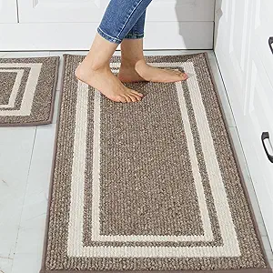 COSY HOMEER Kitchen Mat [2 PCS] Thick Kitchen Rugs Non-Skid 20"x30"+20"x48"Kitchen Mats and Rugs Ergonomic Comfort Standing Mat for Kitchen, Floor , Brown Frame