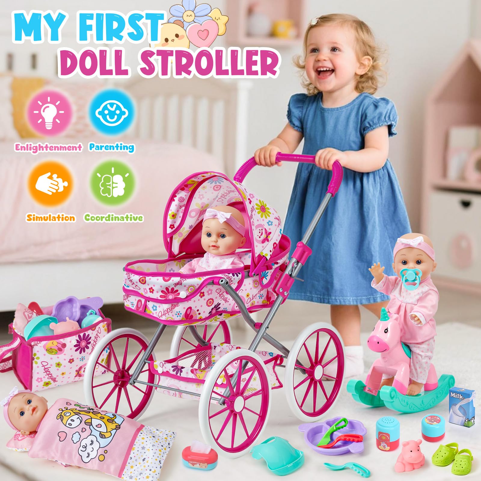 vamei Accesorios Muñecas Bebe para Niñas, Accesorios Bebe Juguete Juego de Rol, con Muñeca & Cochecito & Caballo Balancín & Bolso & Ropa de Muñeca, Cumpleaños Juguetes Regalo Niña Niños 2 3 4 5 6 Años