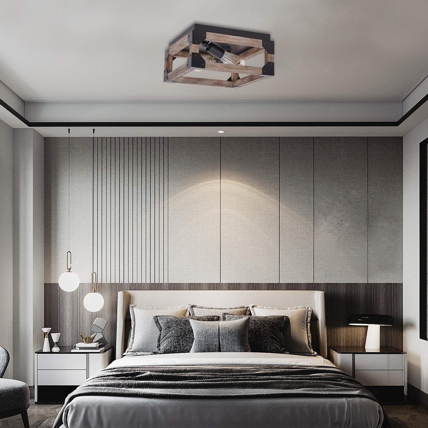 Exсluѕіvе Dіѕсоunt 50% Prісе Eyassi Wooden Farmhouse Ceiling Light, 2-Lights Flush Mount Close to Ceiling lamp Wood Industrial Lighting Fixtures for Living Room Kitchen Island Bedroom Hallway Entryway Closet Office Laundry