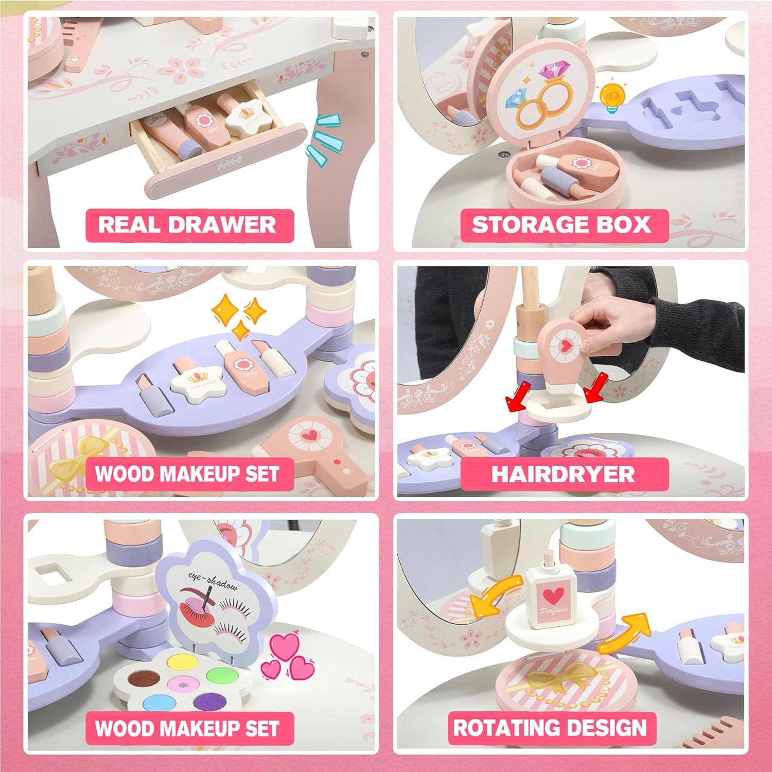 Kids Vanity Set with Mirror and Stool, Tri-Folding Mirror Make Up Dresser Table with Drawers, Kids Vanity Table and Chair Set, Wooden Princess Makeup Desk Dressing Table, Pink