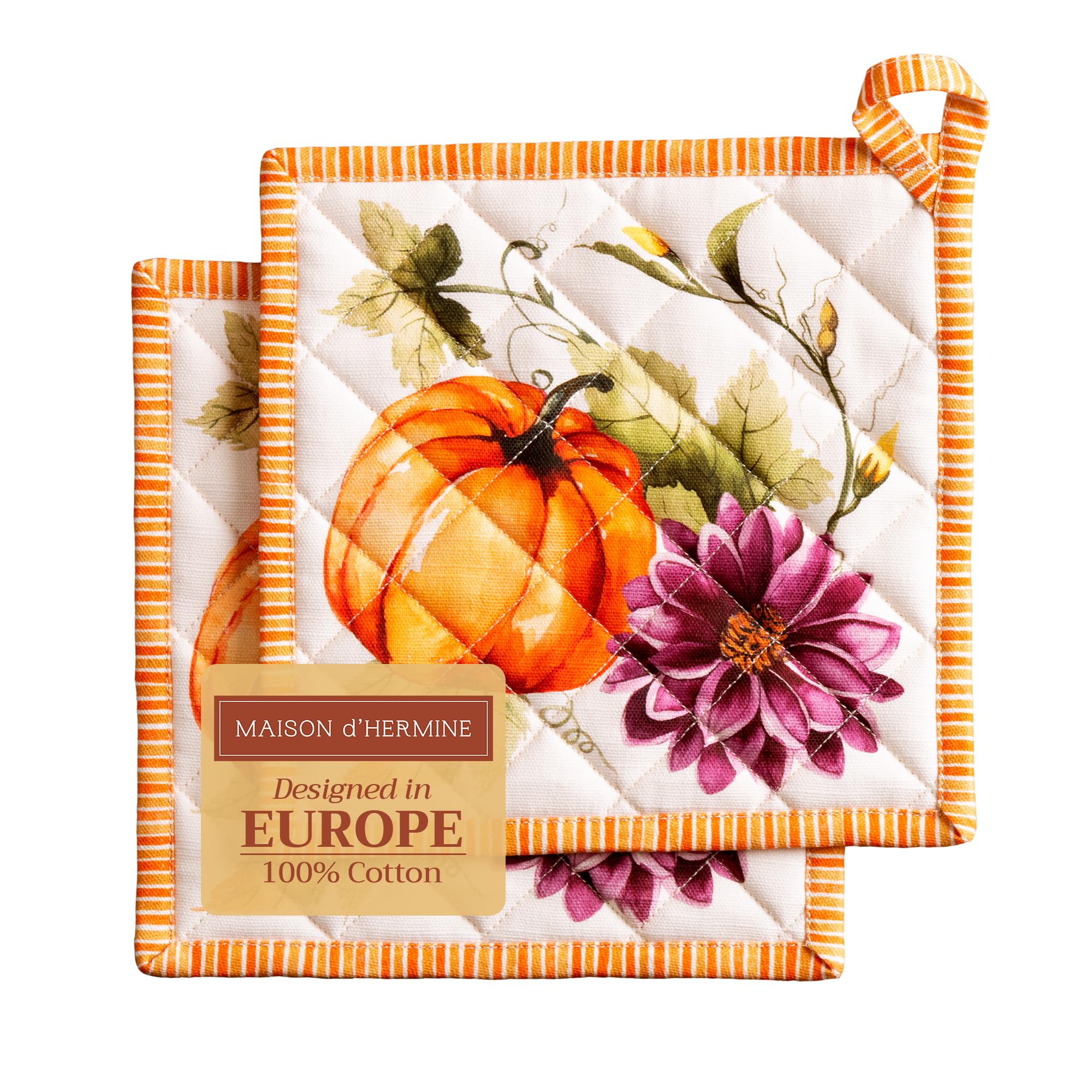 Maison d' Hermine Pot Holders Set 100% Cotton Heat Resistant Potholders 20 cm x 20 cm with Loop for Christmas Decorations BBQ Cooking Handling Hot Pans (Pack of 2, Pumpkin Garden - Cloudy Cream)