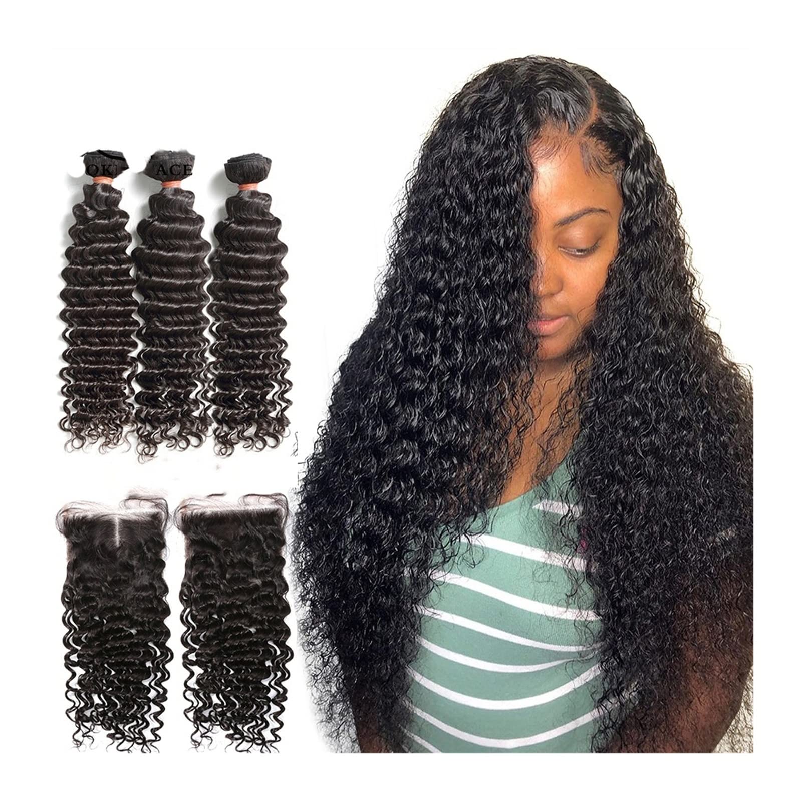 TOMYEUS Human Hair Bundles 20-80 cm, wiązka głębokich fal, z zamknięciem koronkowym, brazylijskie, kręcone, ludzkie włosy, fala wodna, 3 wiązki 10 cm x 10 cm, splot, 130% gęstości