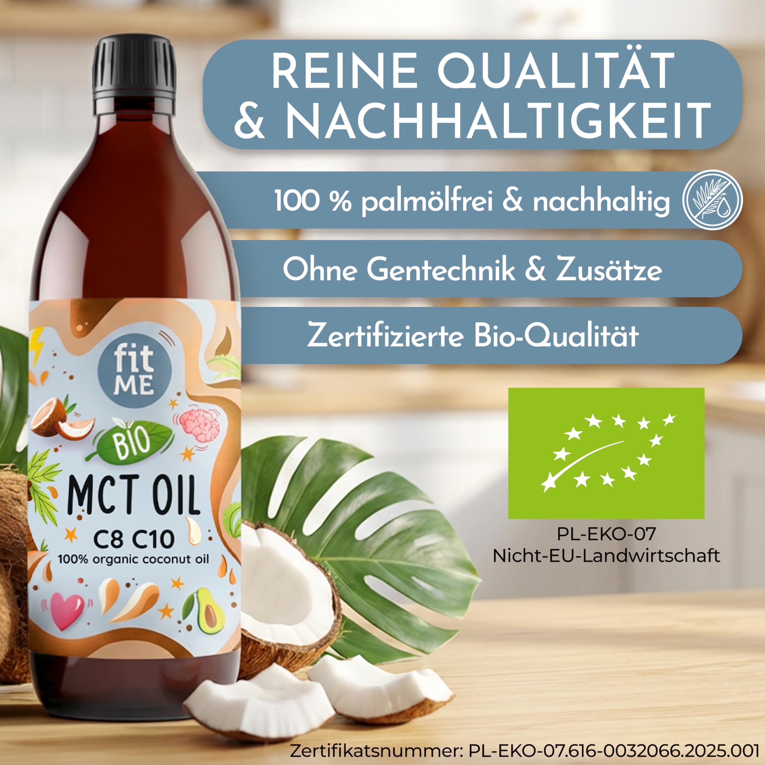 fitME MCT Öl auf Kokosölbasis 500 ml, BIO MCT-Oil mit C8 & C10 Fettsäuren, 60% Caprylsäure & 40% Caprinsäure, für Keto-Diät, Geschmacksneutral für Kaffee, Smoothies, Shakes & Dressings, ohne Pumpe