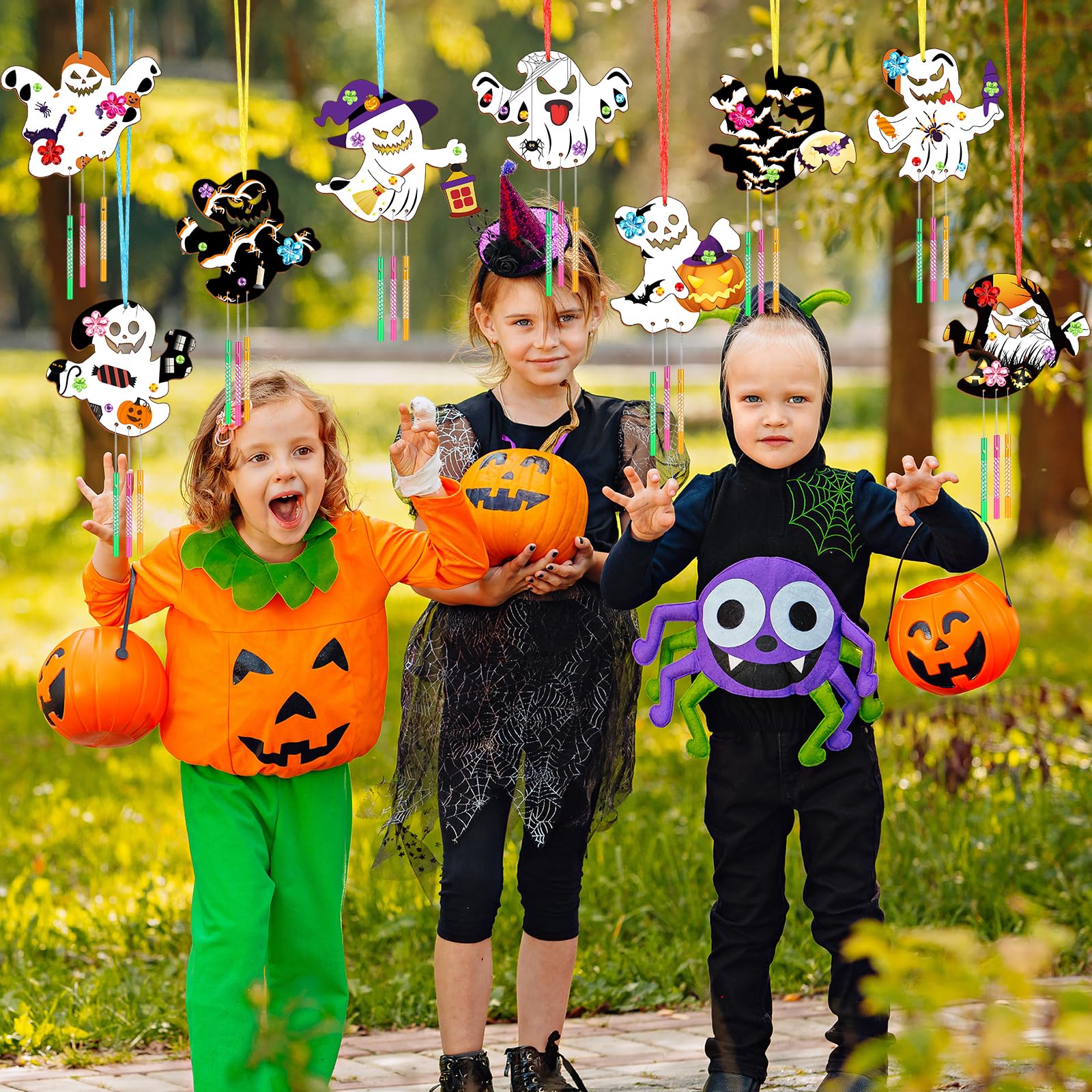Kit 12 Carillons à Vent Halloween à Peindre - DIY En Bois Pour Enfants Avec Tubes Et Décorations