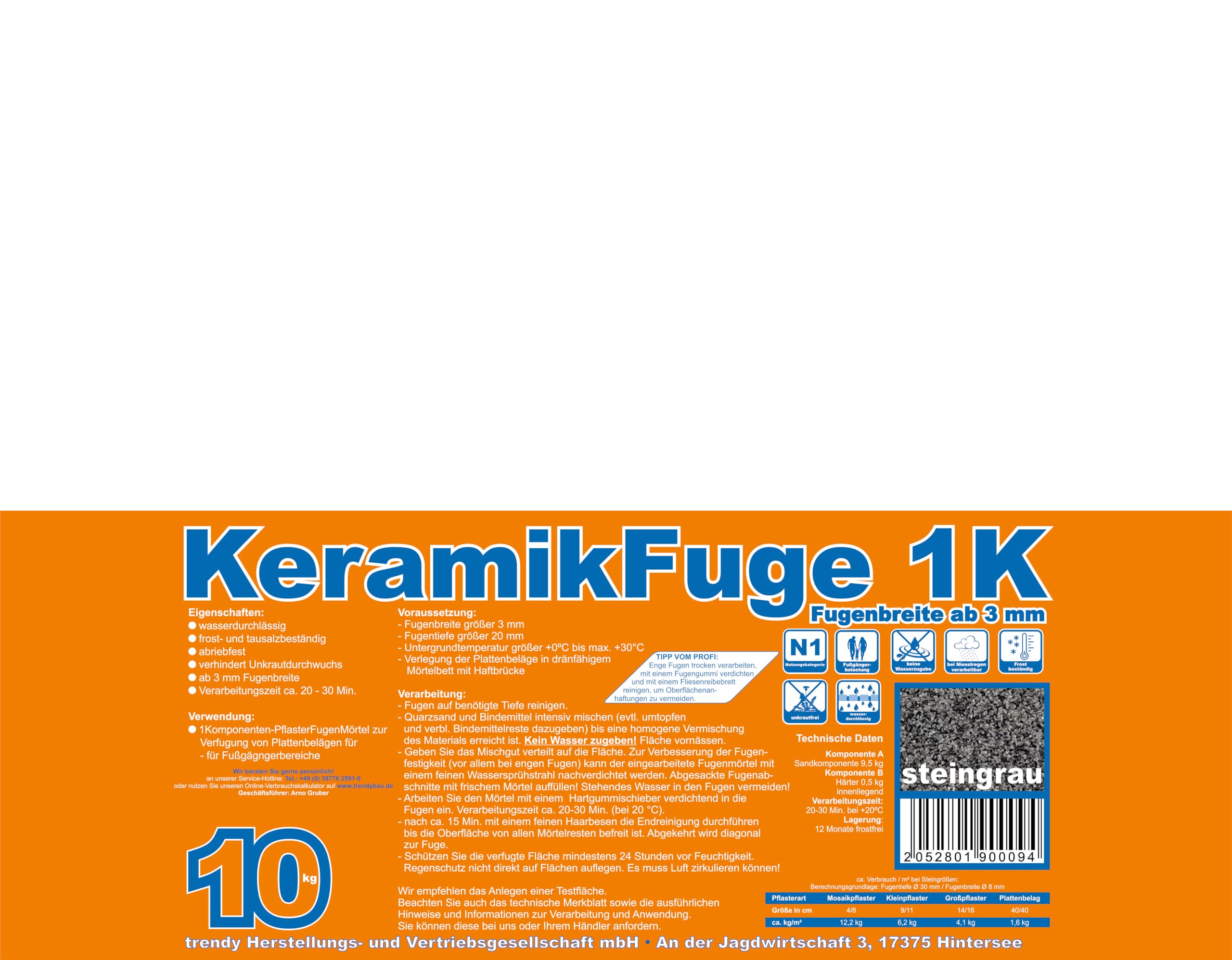 1K Pflasterfugenmörtel KeramikFuge für unkrautfreie Fugen - 10 kg (steingrau) - geeignet für keramische Terrassenplatten und Feinsteinzeug-Beläge mit engen Fugen