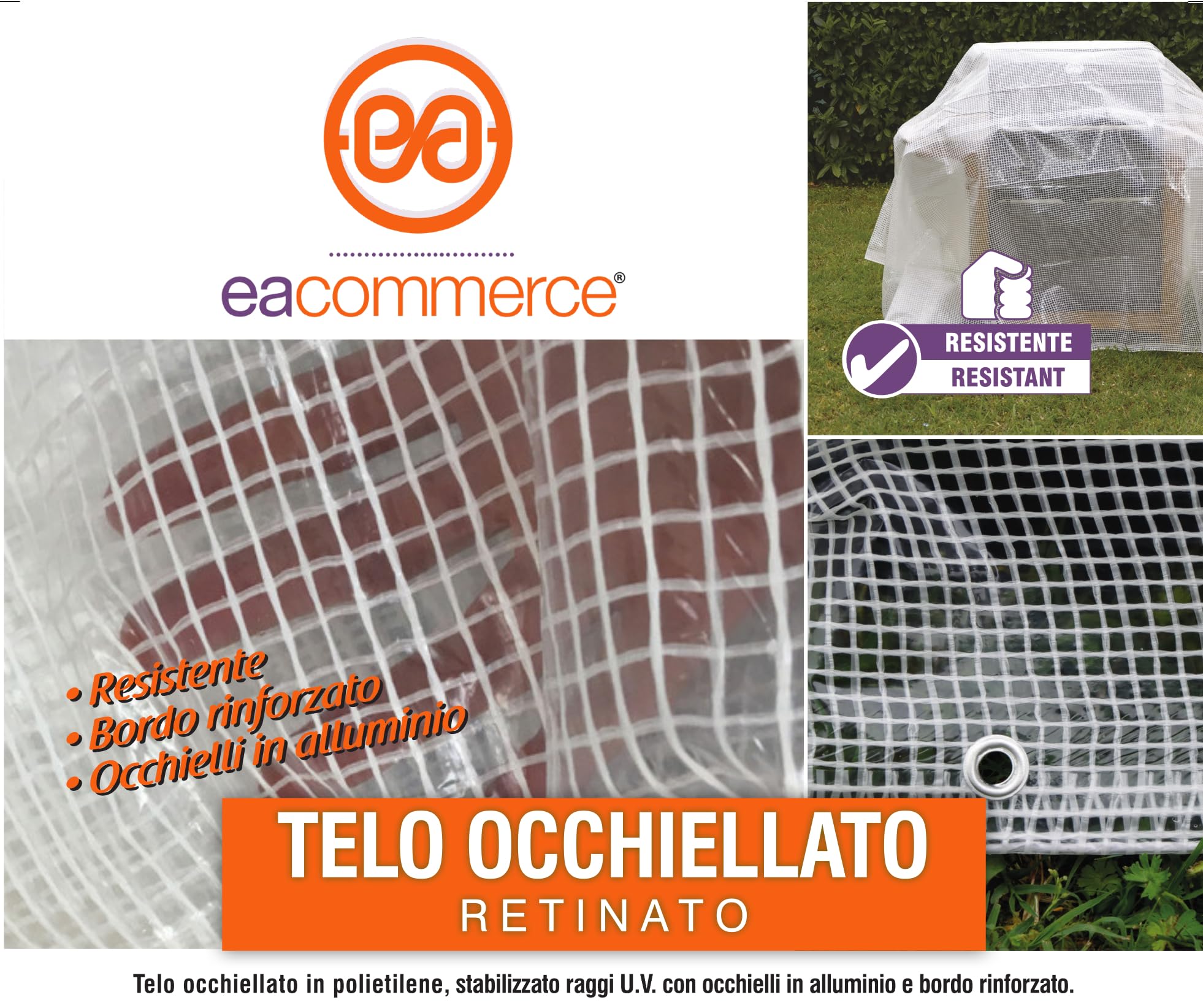 Telo Telone Multiuso Occhiellato Bianco Trasparente Retinato Con Occhielli 140 gr/mq per Esterno Resistente UV Impermeabile per Rimessaggi Tende Balconi Coperture (4x5 mt)