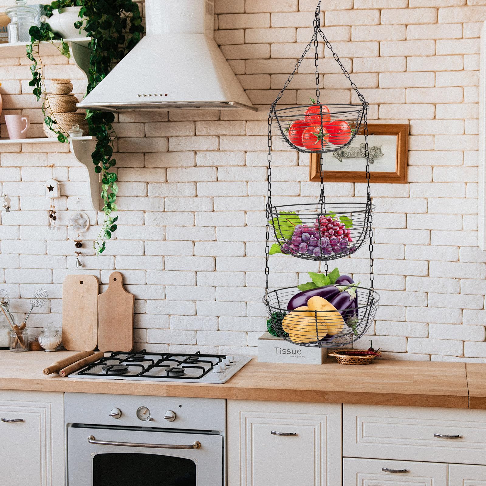 Zerodeko Schwarzer Dreilagiger Hängekorb aus Eisen für Obst und Kleine Gegenstände Hohles Design für Frische Luftzufuhr für Zuhause und Café
