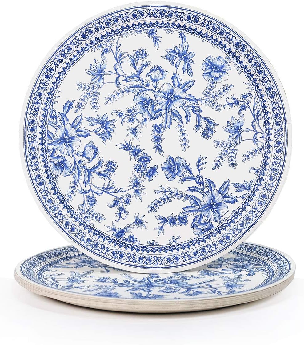 Decorative Paper Plates (Set of 10 Large Plates) - Blue Floral and White for Bridal/Baby Shower and More - Tea Party Supplies | 9.25โ Fancy Plates