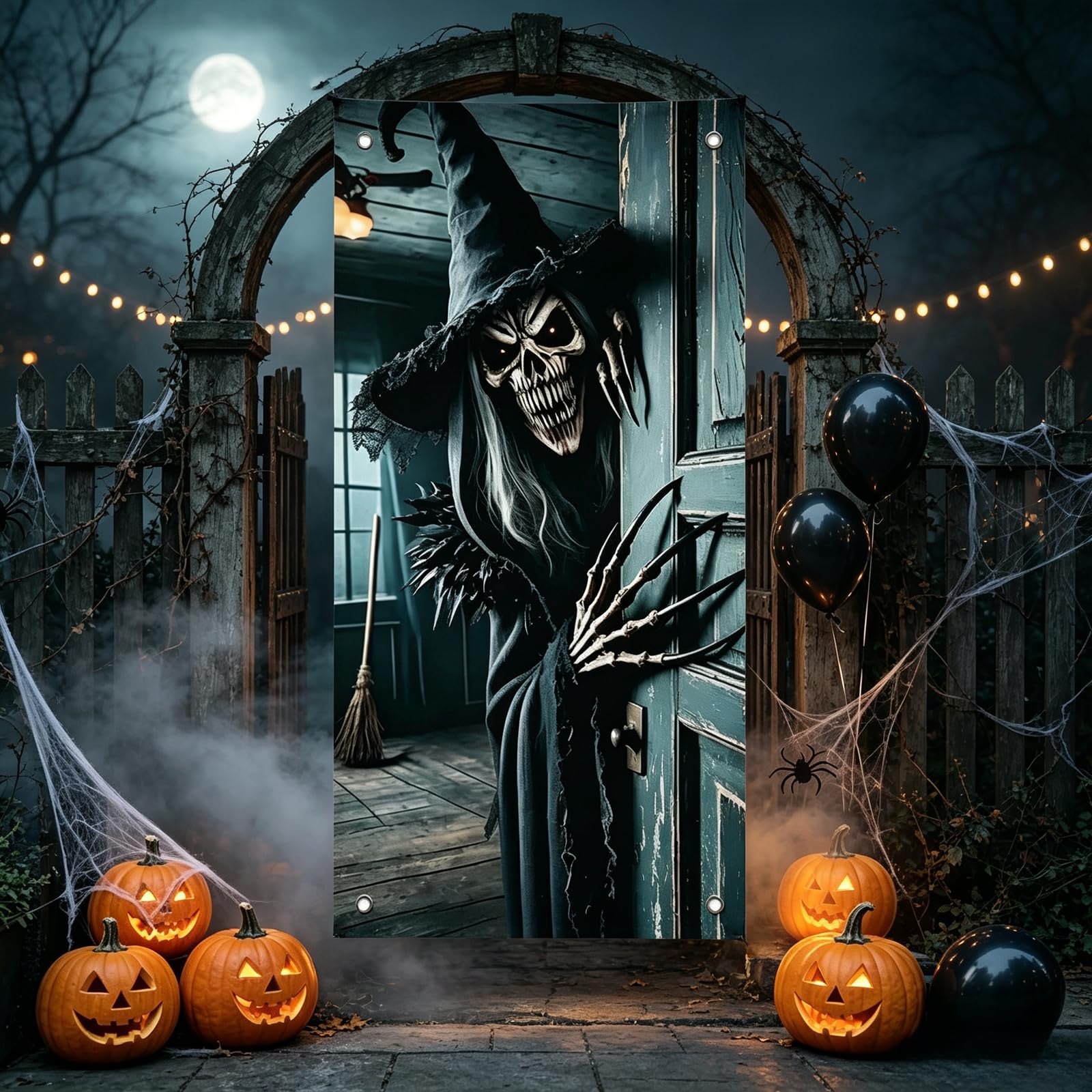 Ajsdvog Halloween Horror Door Banner Weird Witch and Skeleton Style