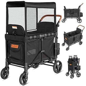 JML002 Wagon Stroller for 2 Kids - Double Seater Push Stroller with Canopy | Collapsible Foldable Wagon for Kids Toddlers & Infants with Removable Seat Pads, Black