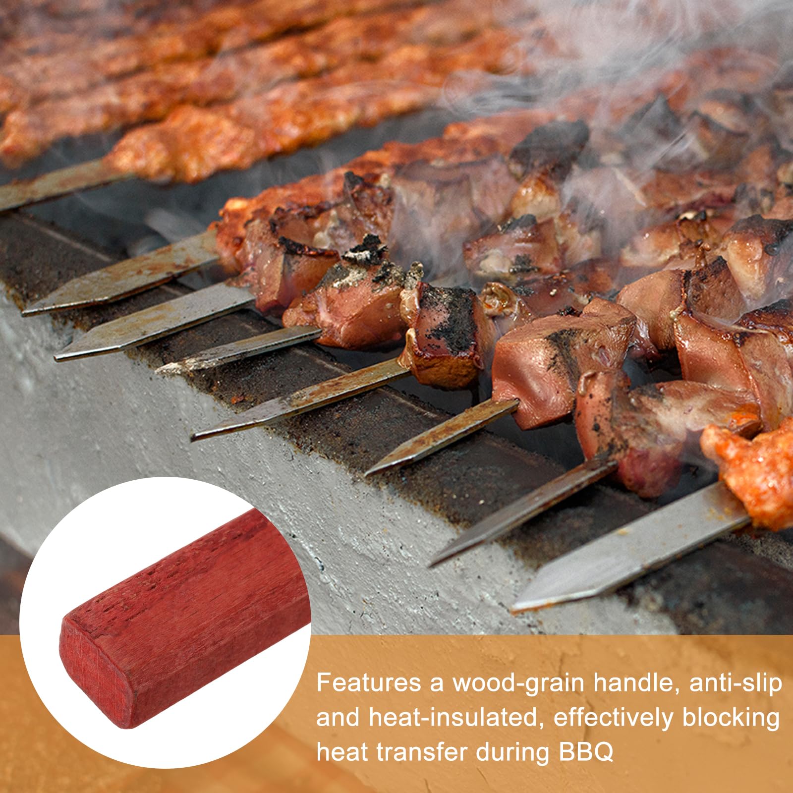 sourcing map 6 spiedini in metallo per grigliare, 57 cm, piatti in acciaio inox, con manico in legno, durevoli, riutilizzabili, per grigliare, barbecue, cucina, picnic, feste, argento